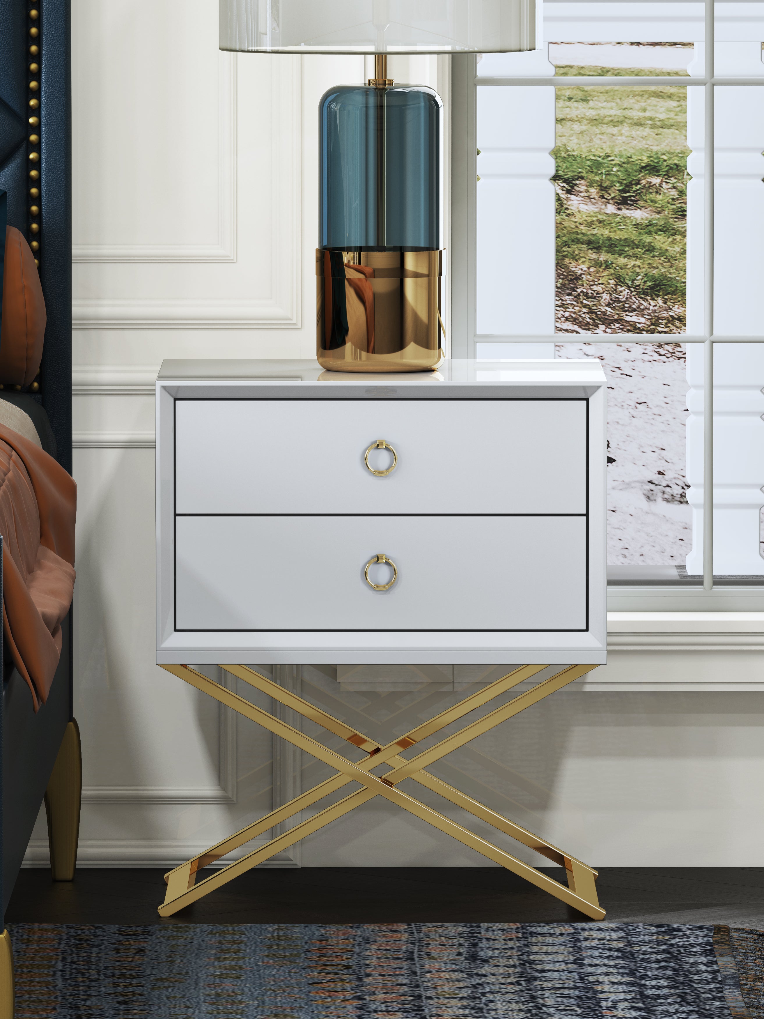 High-Gloss Nightstand with Metal Accents