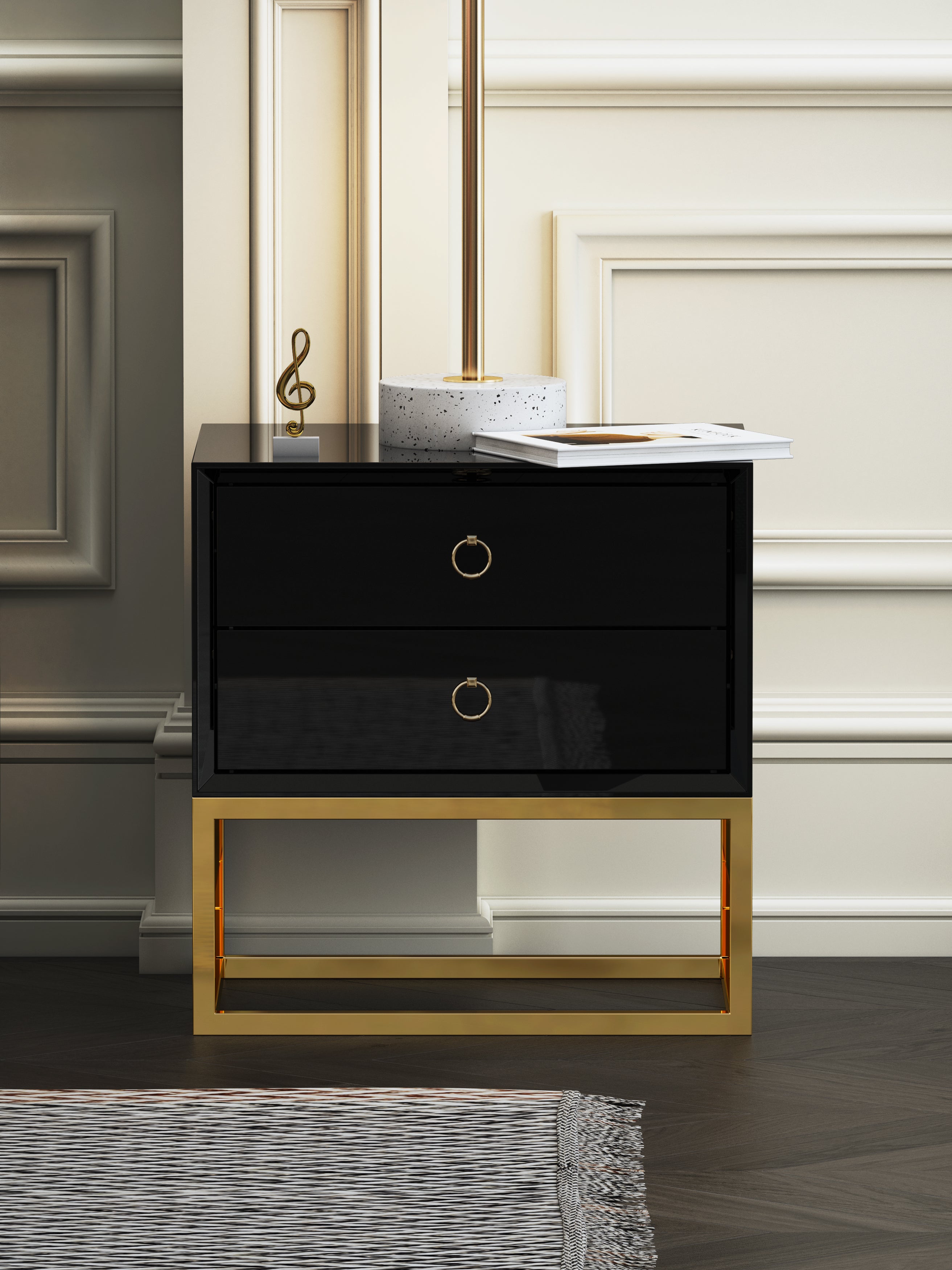 High-Gloss Nightstand with Metal Accents