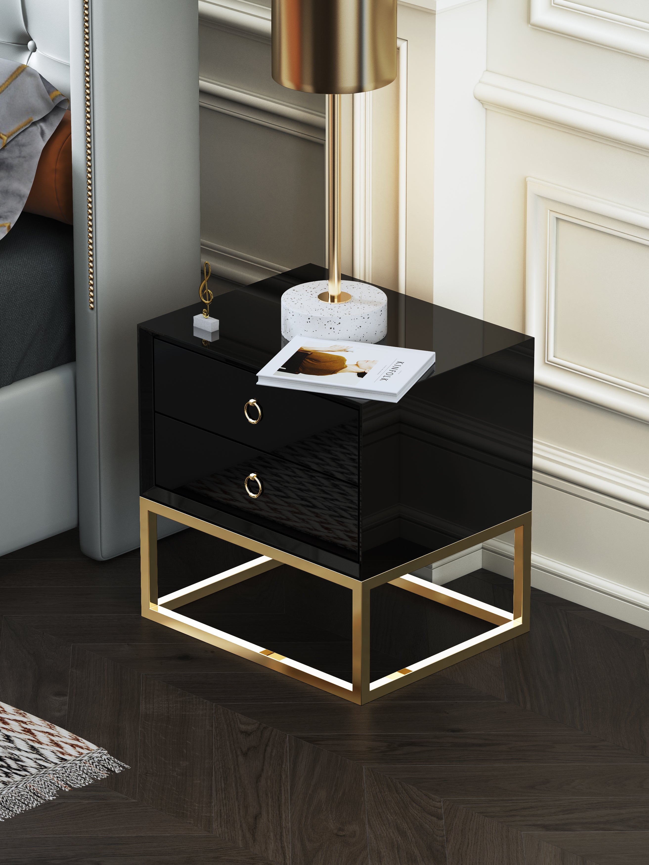 High-Gloss Nightstand with Metal Accents