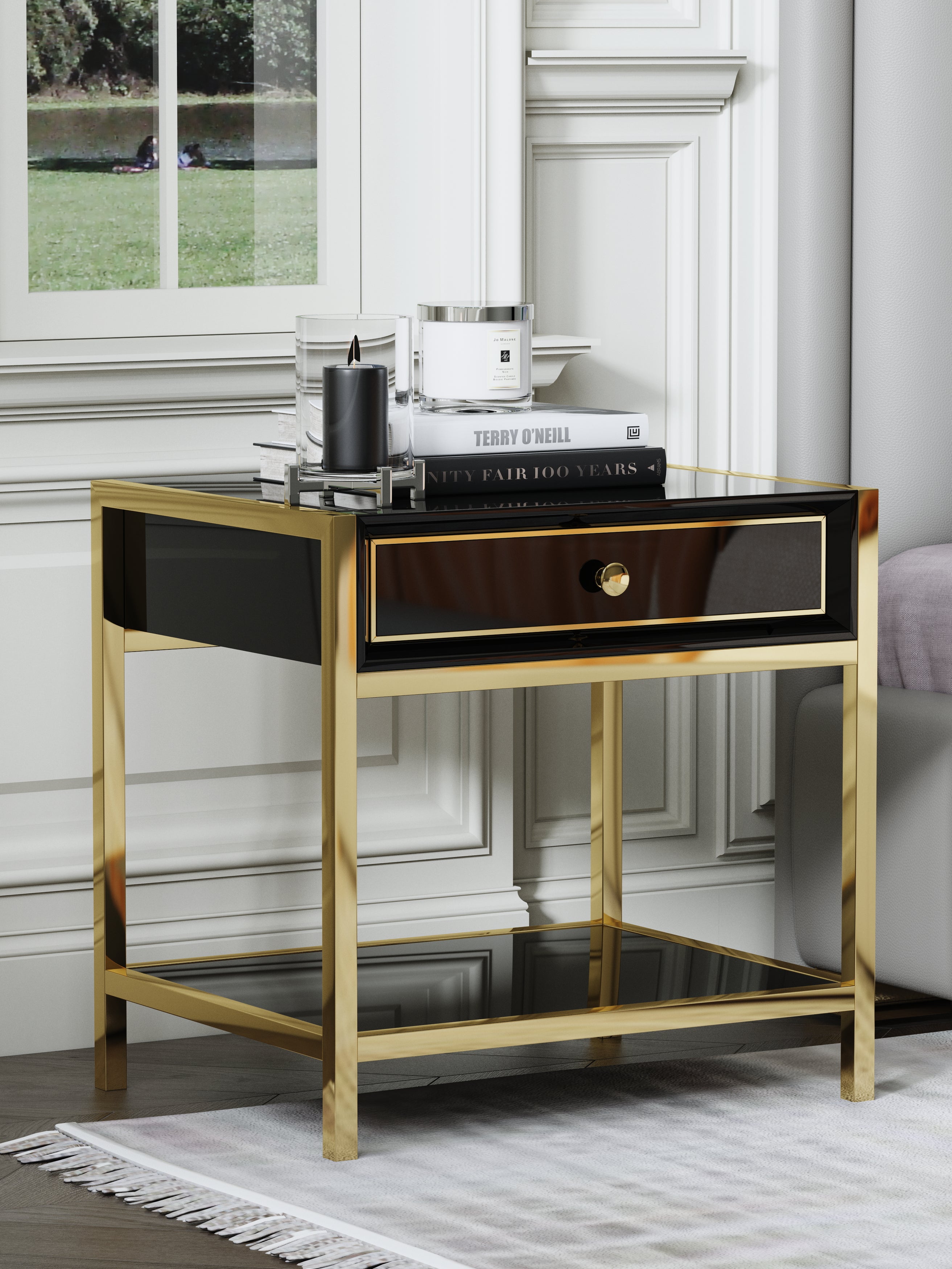 High-Gloss Nightstand with Metal Accents