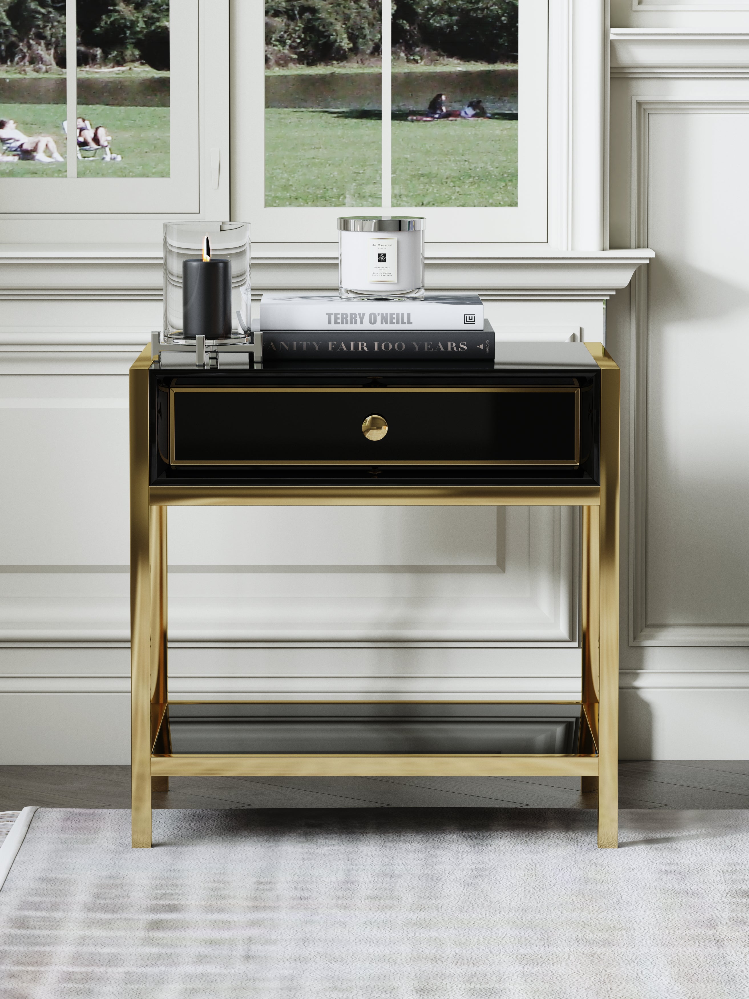 High-Gloss Nightstand with Metal Accents
