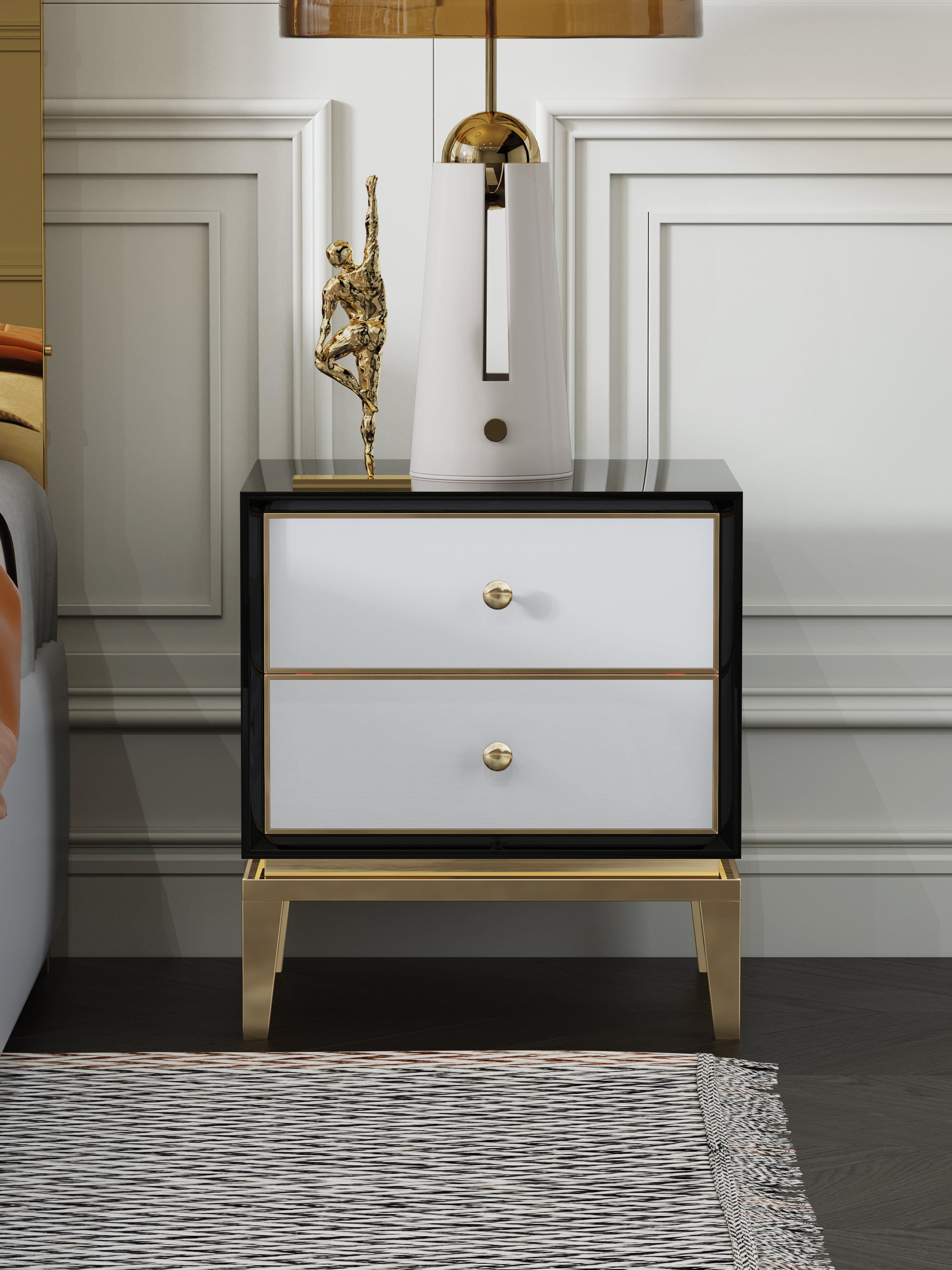 High-Gloss Nightstand with Metal Accents