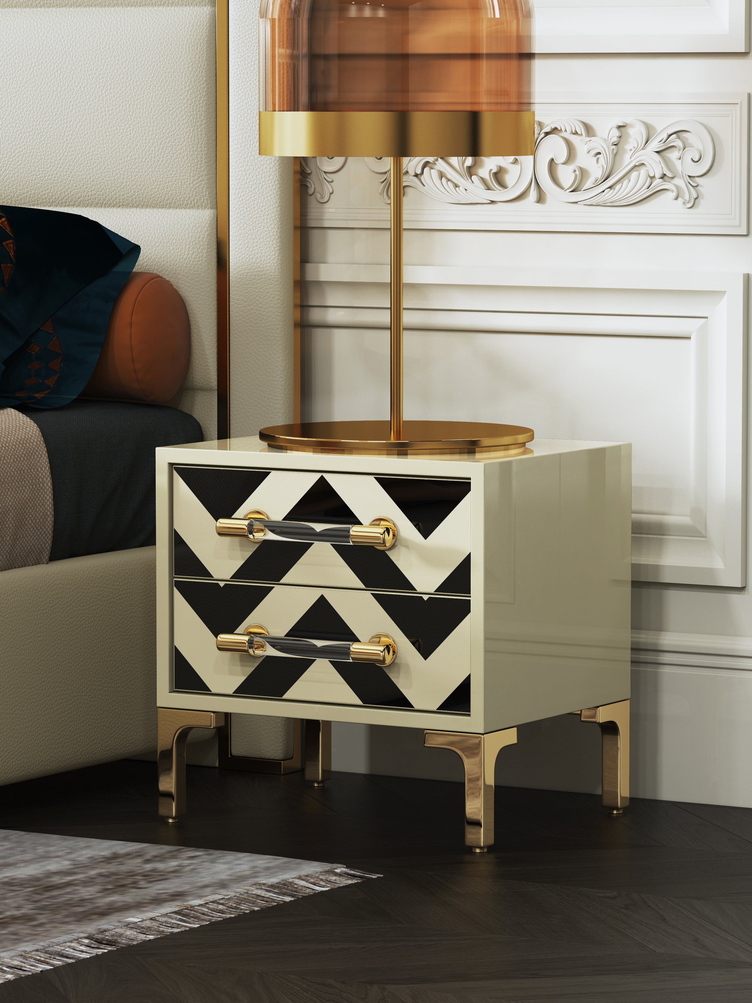 High-Gloss Nightstand with Metal Accents