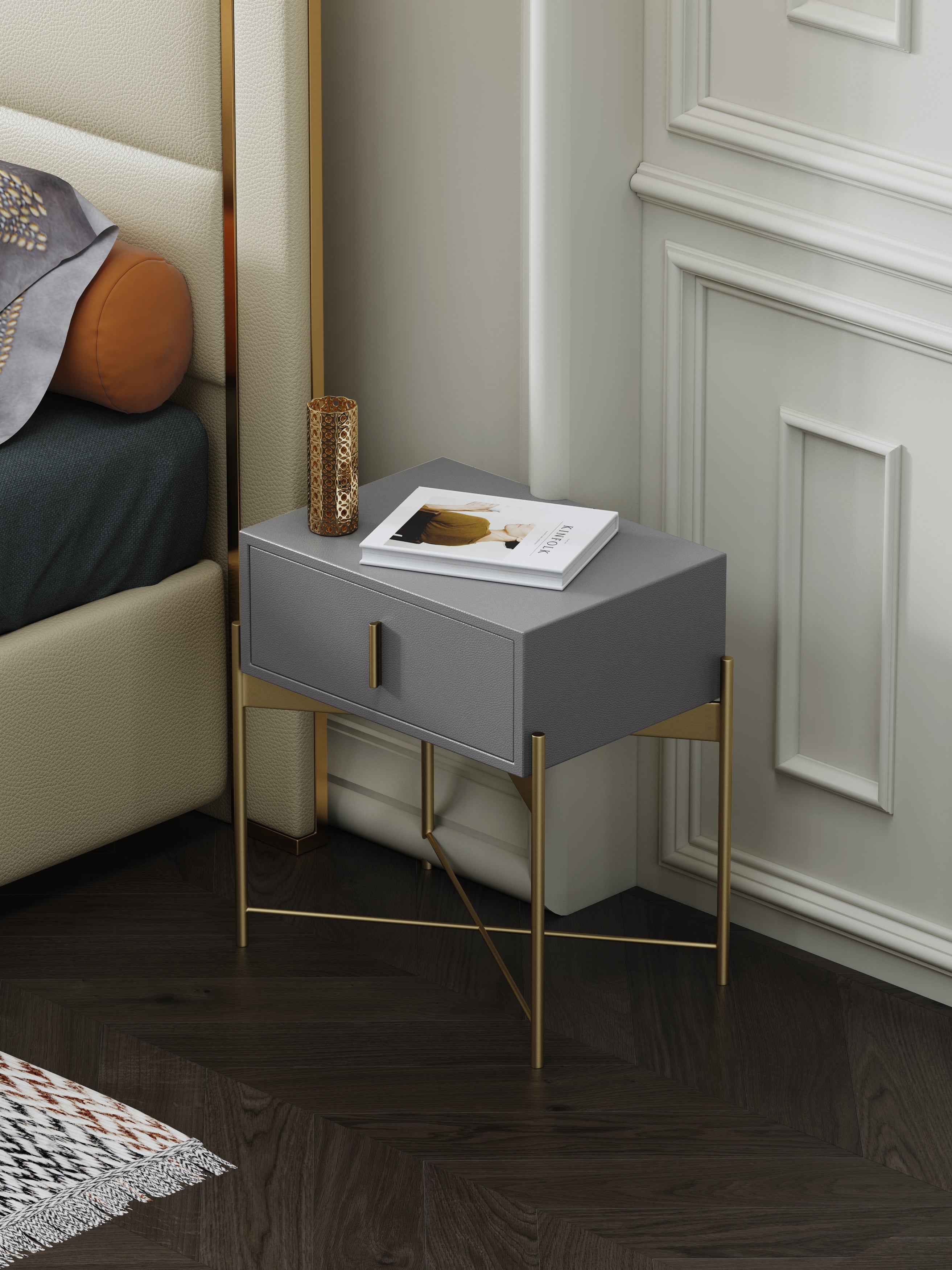 Upholstered Nightstand with Metal Accents