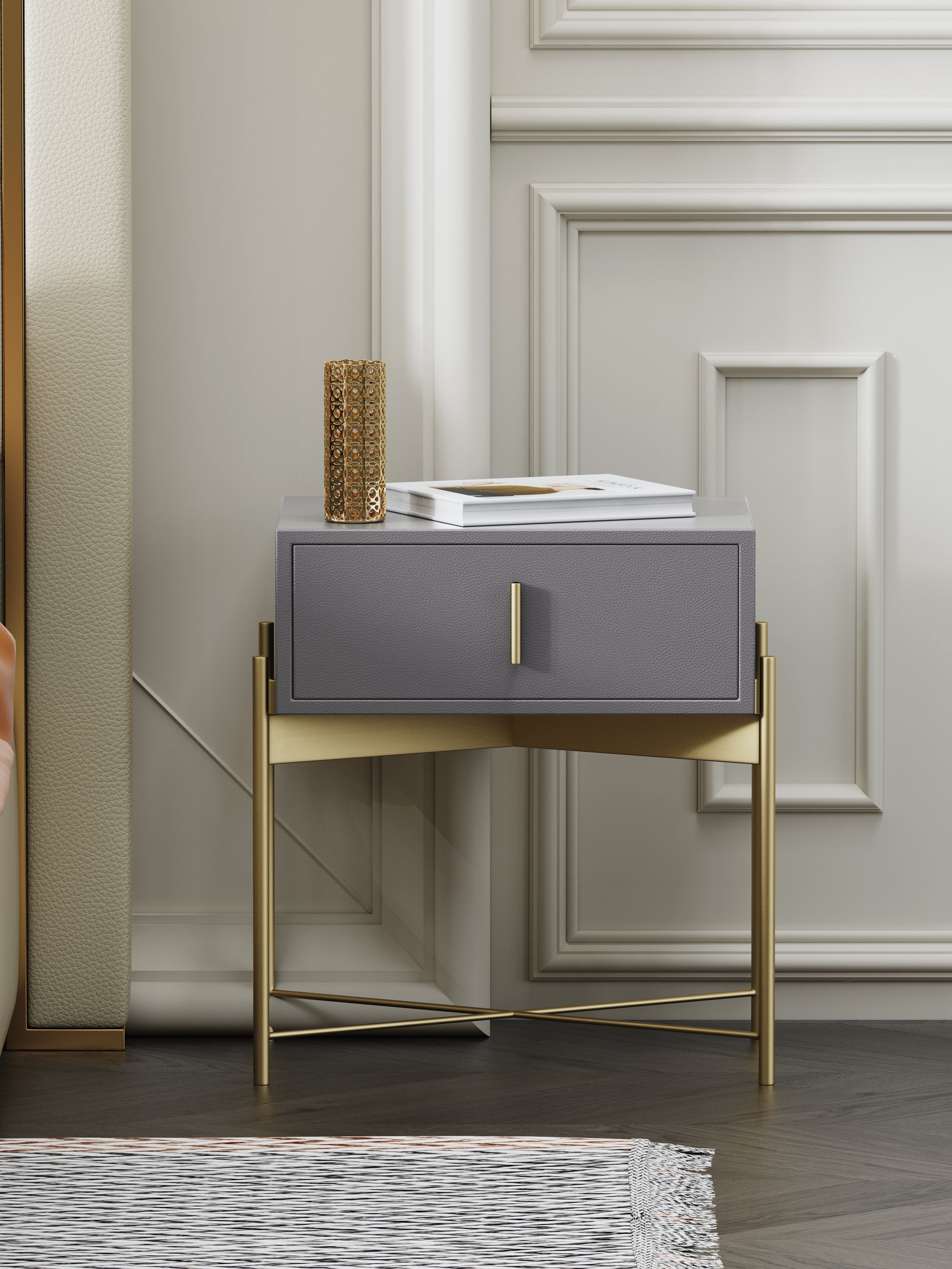Upholstered Nightstand with Metal Accents