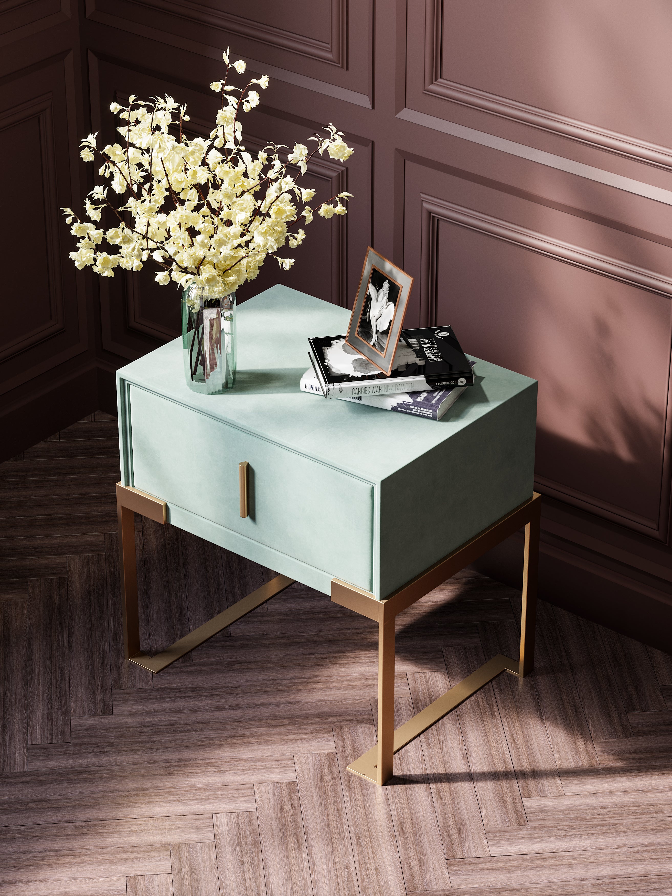 Velvet-Upholstered Nightstand with Metal Accents