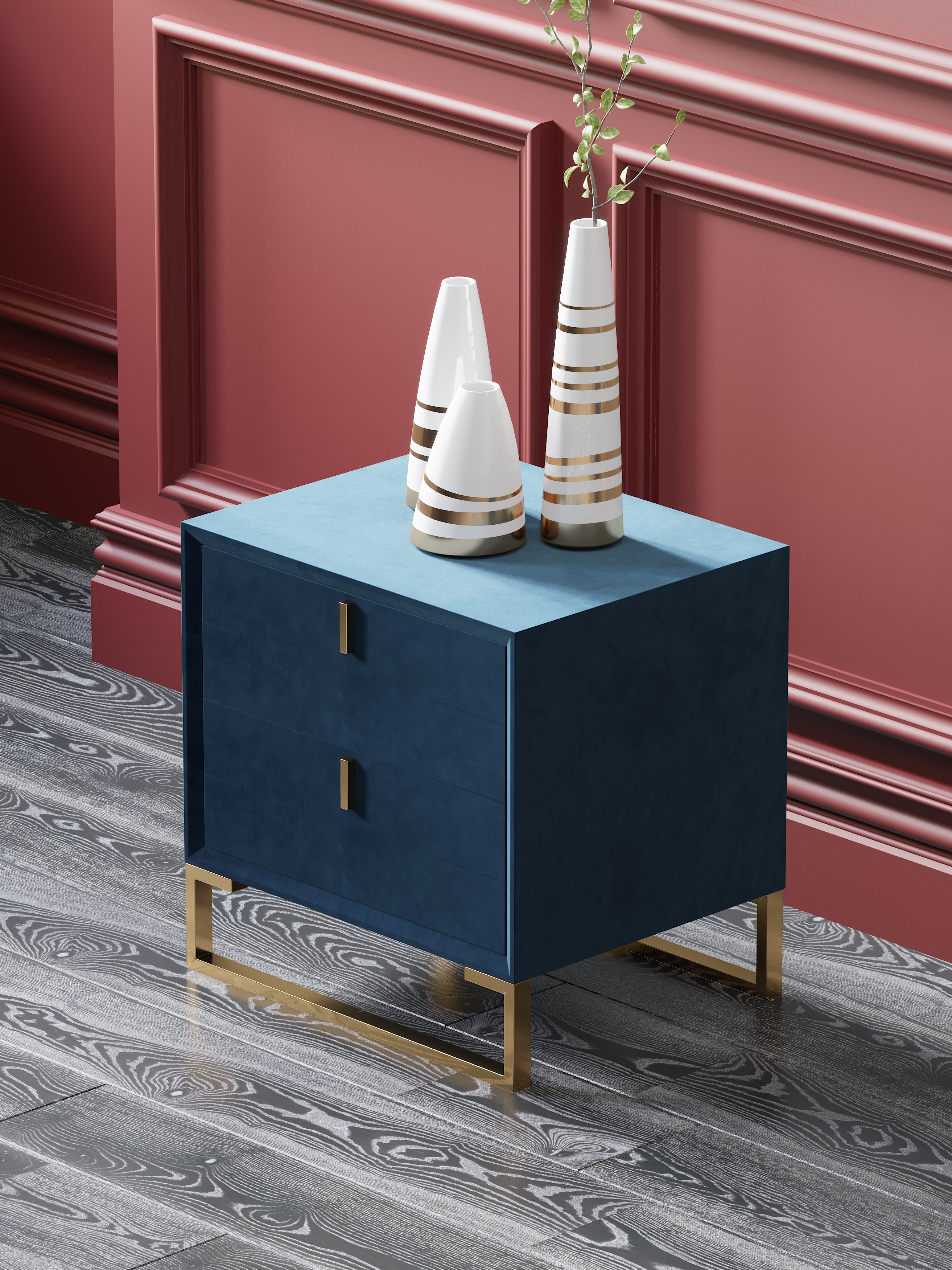 Velvet-Upholstered Nightstand with Metal Accents