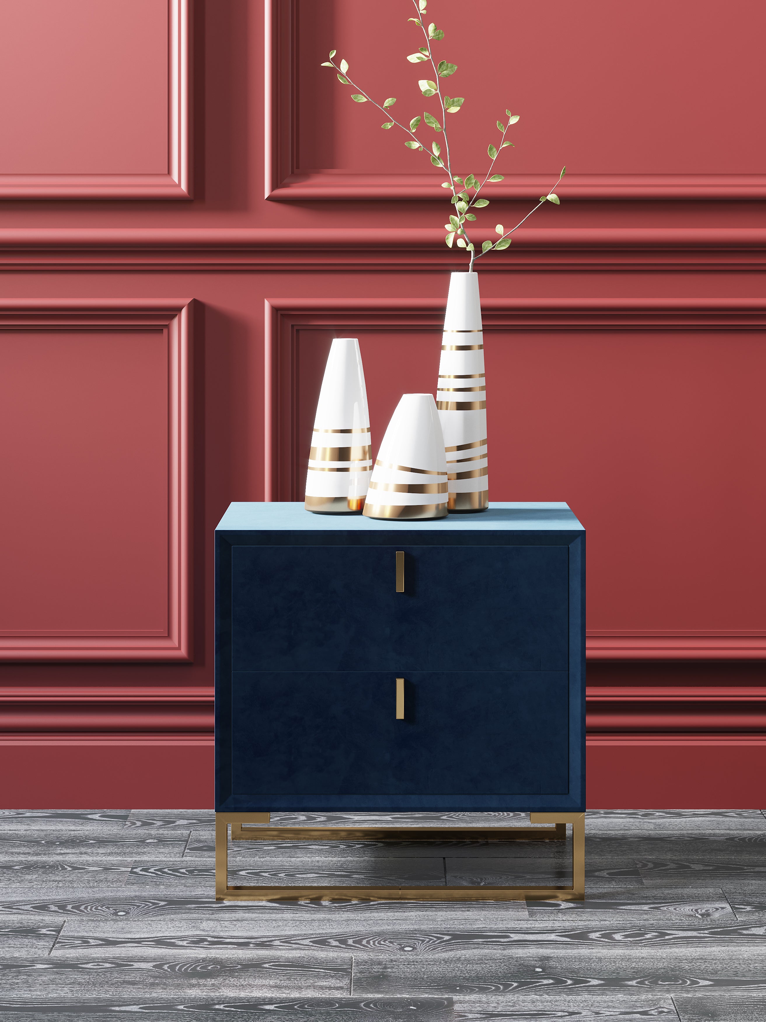 Velvet-Upholstered Nightstand with Metal Accents
