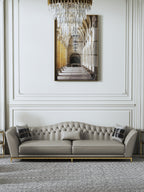 Grey Tufted Three-Seater Sofa with Gold Finish