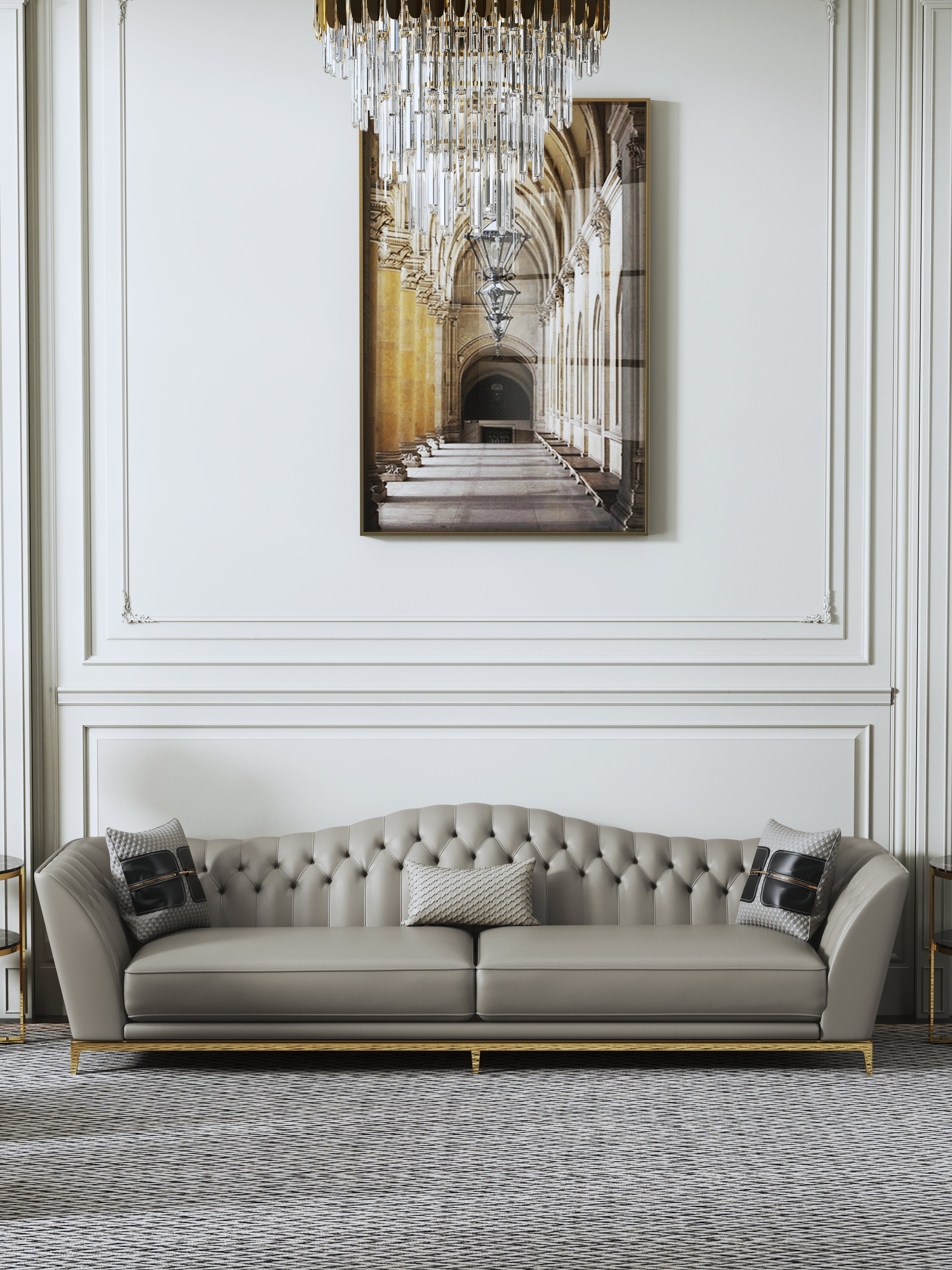 Grey Tufted Three-Seater Sofa with Gold Finish