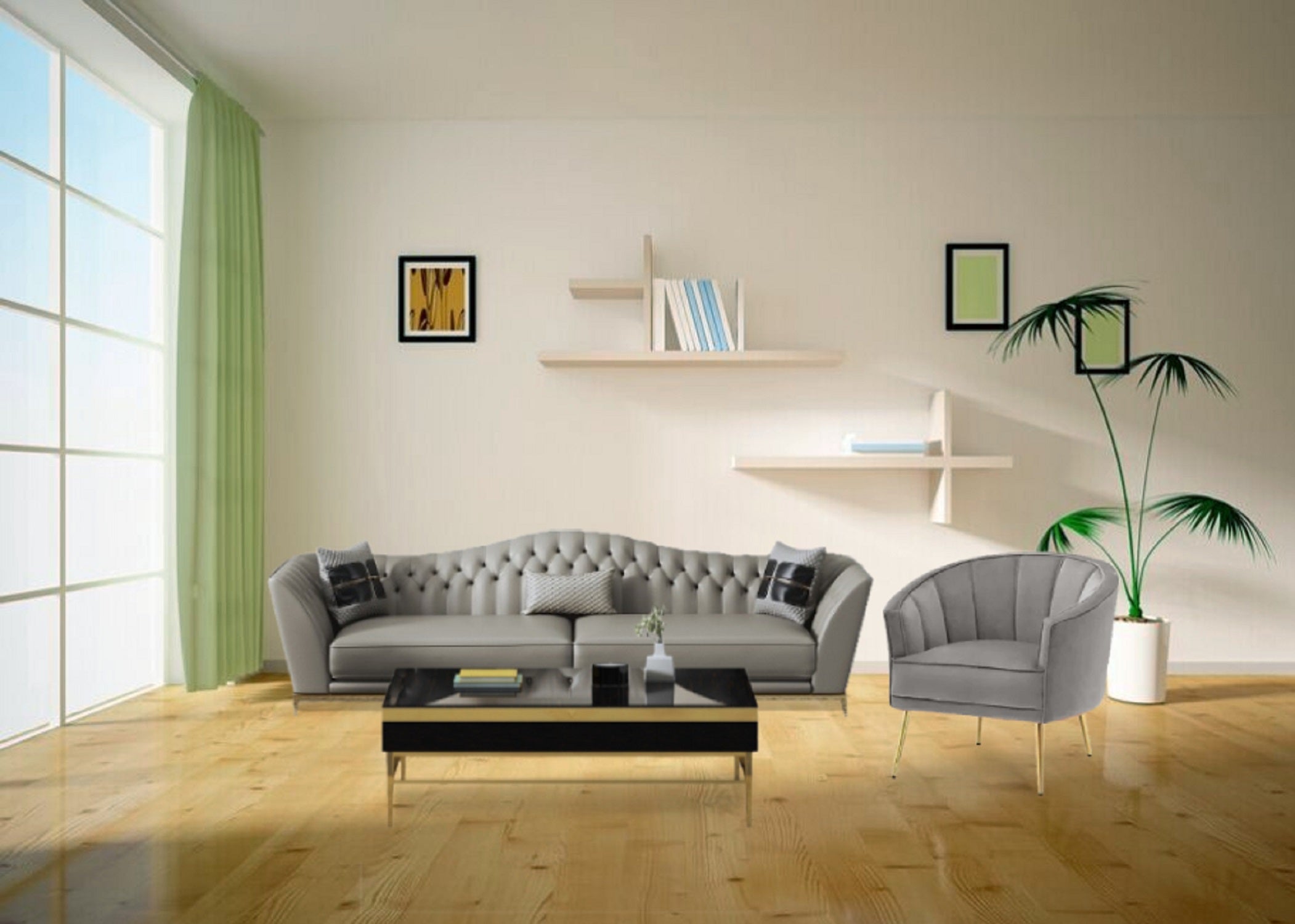 Grey Tufted Three-Seater Sofa with Gold Finish