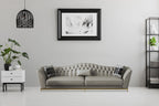 Grey Tufted Three-Seater Sofa with Gold Finish