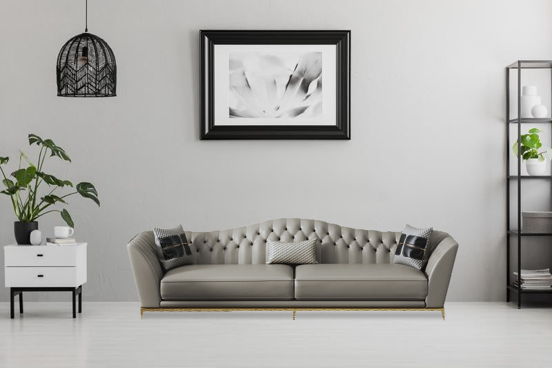 Grey Tufted Three-Seater Sofa with Gold Finish