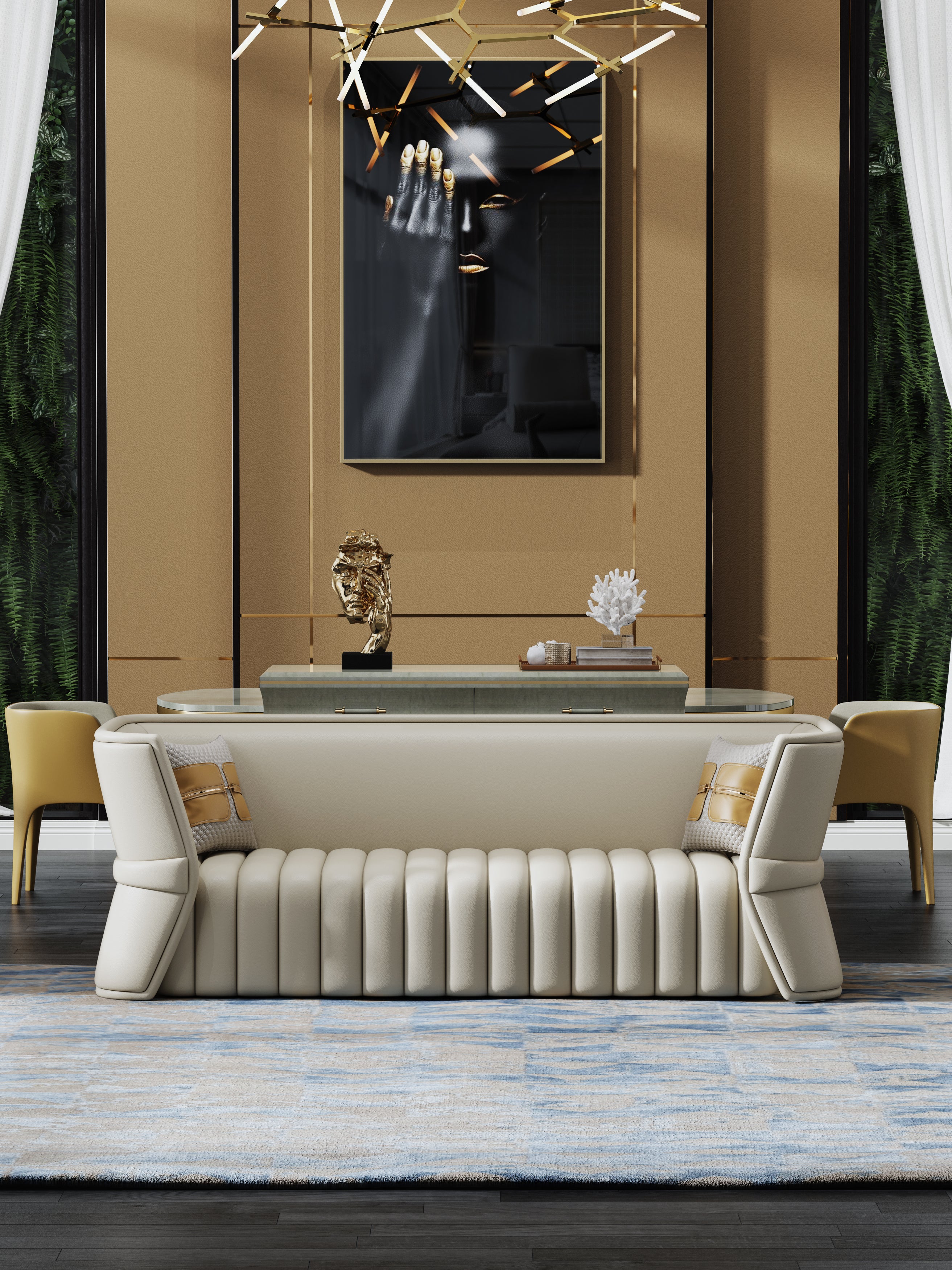 Wood frame+Leather+High Reseliency Foam Three-Seater Sofa