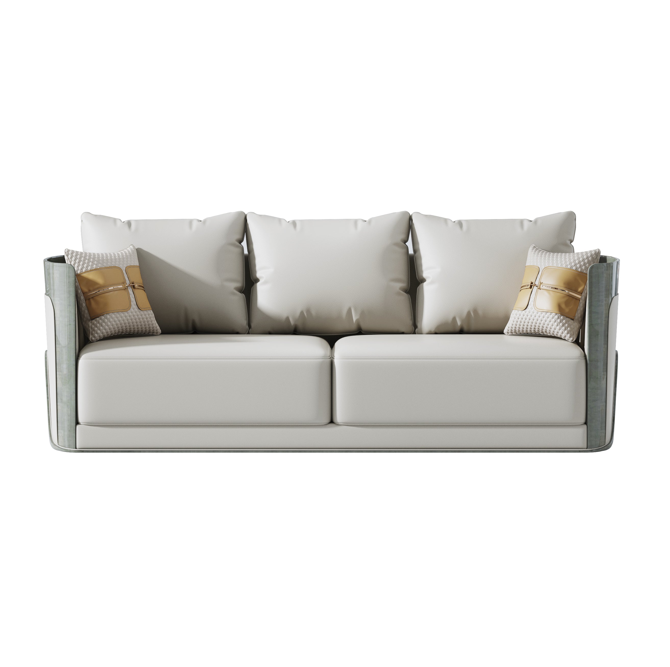 Wood frame+Leather+High Density Foam+Wood+Veneer+Bend Three-Seater Sofa