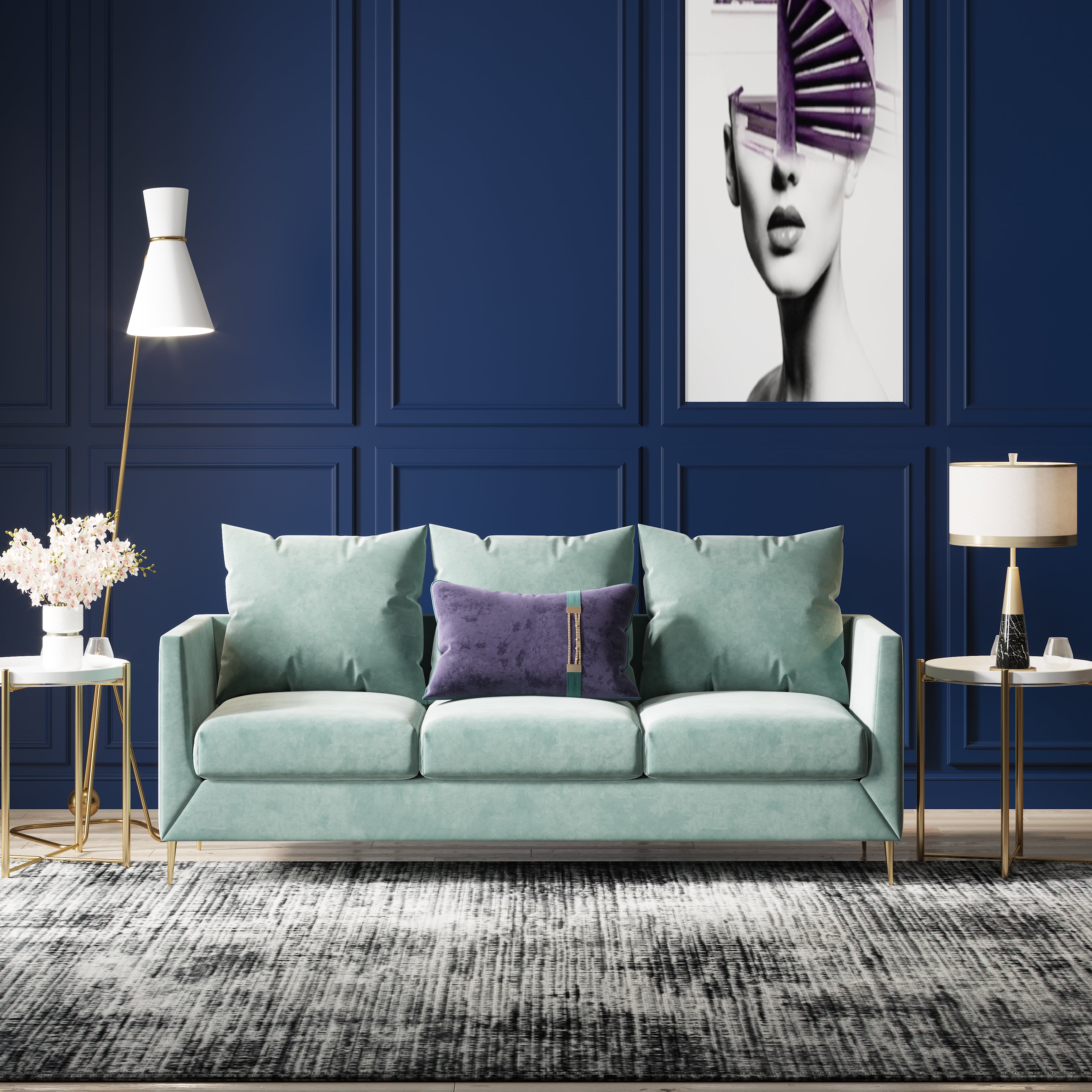 Velvet Three-Seater Sofa