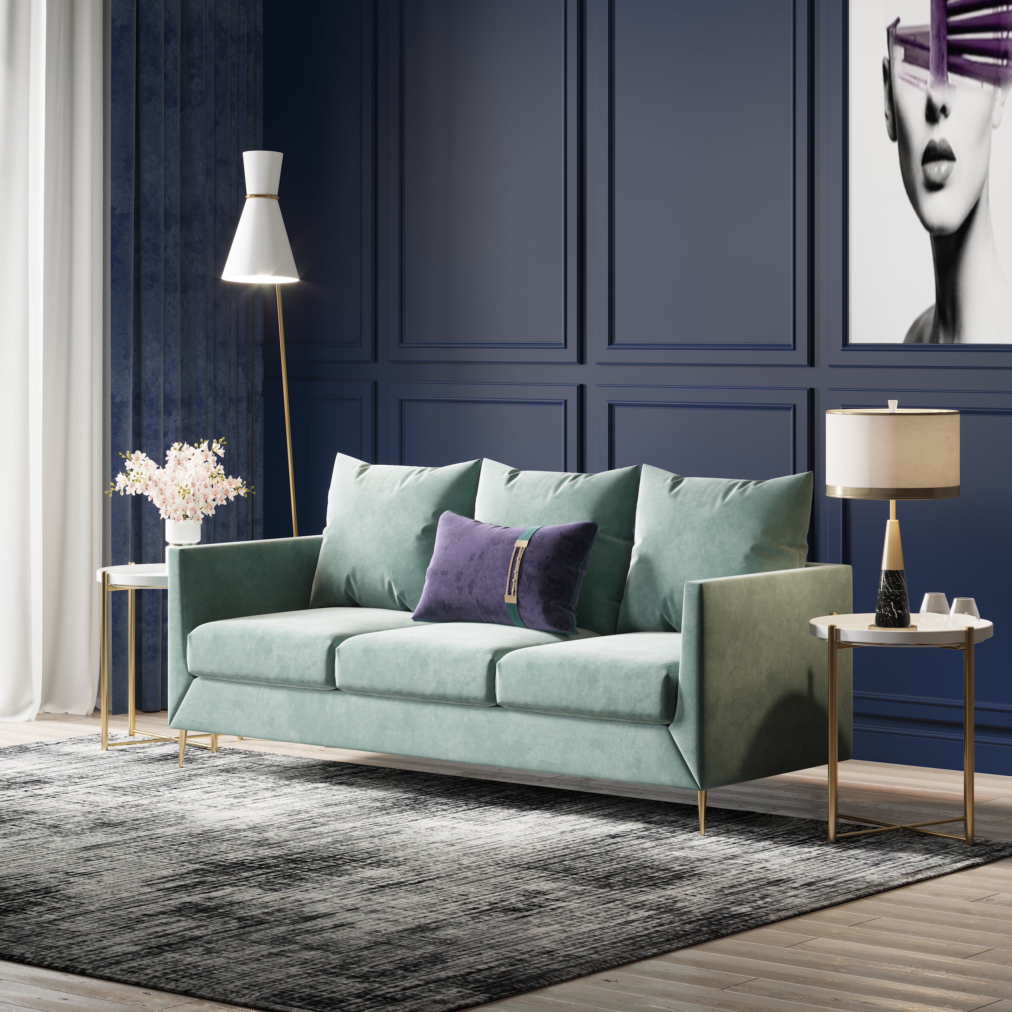 Velvet Three-Seater Sofa