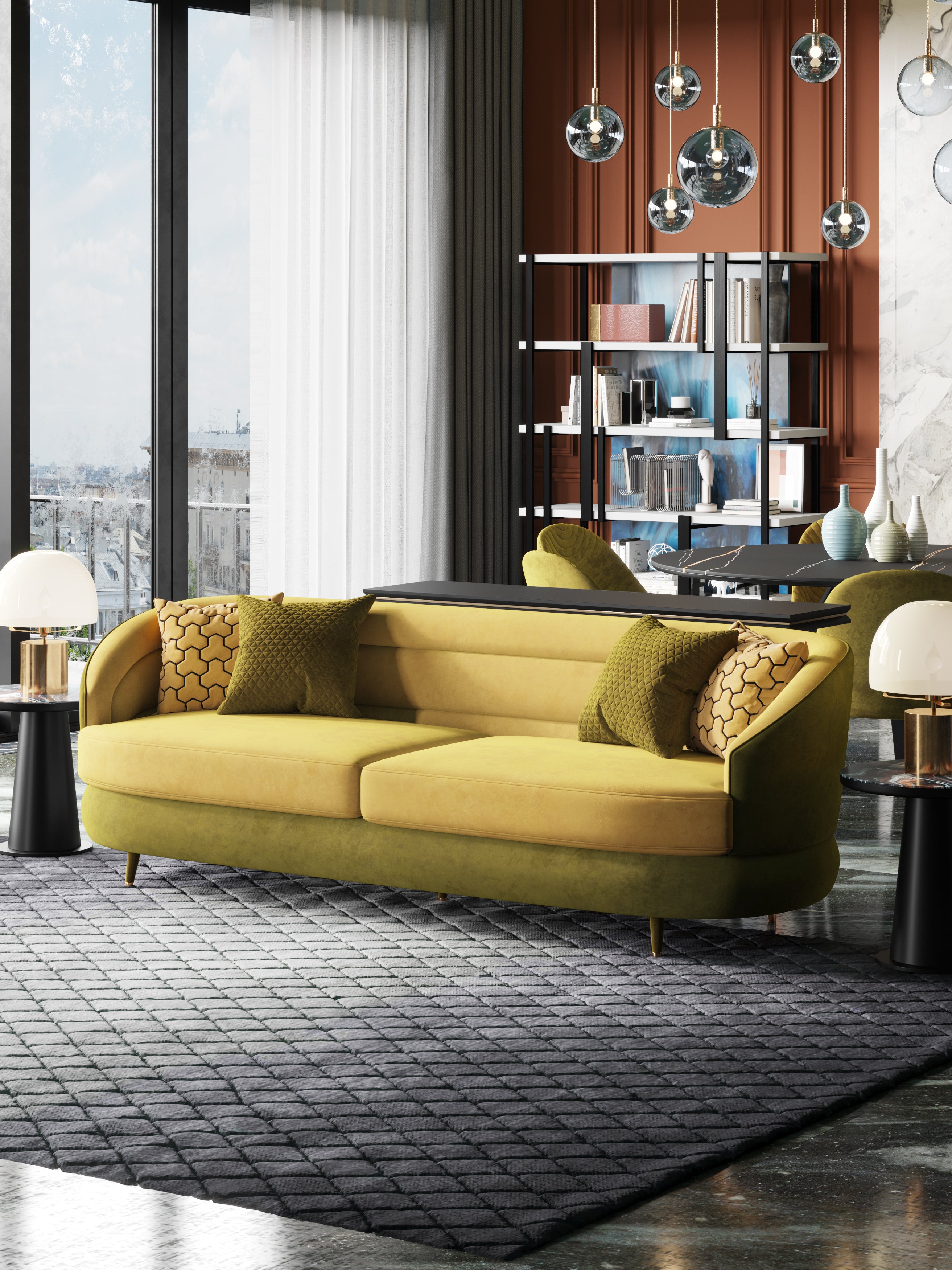 Velvet Three-Seater Sofa