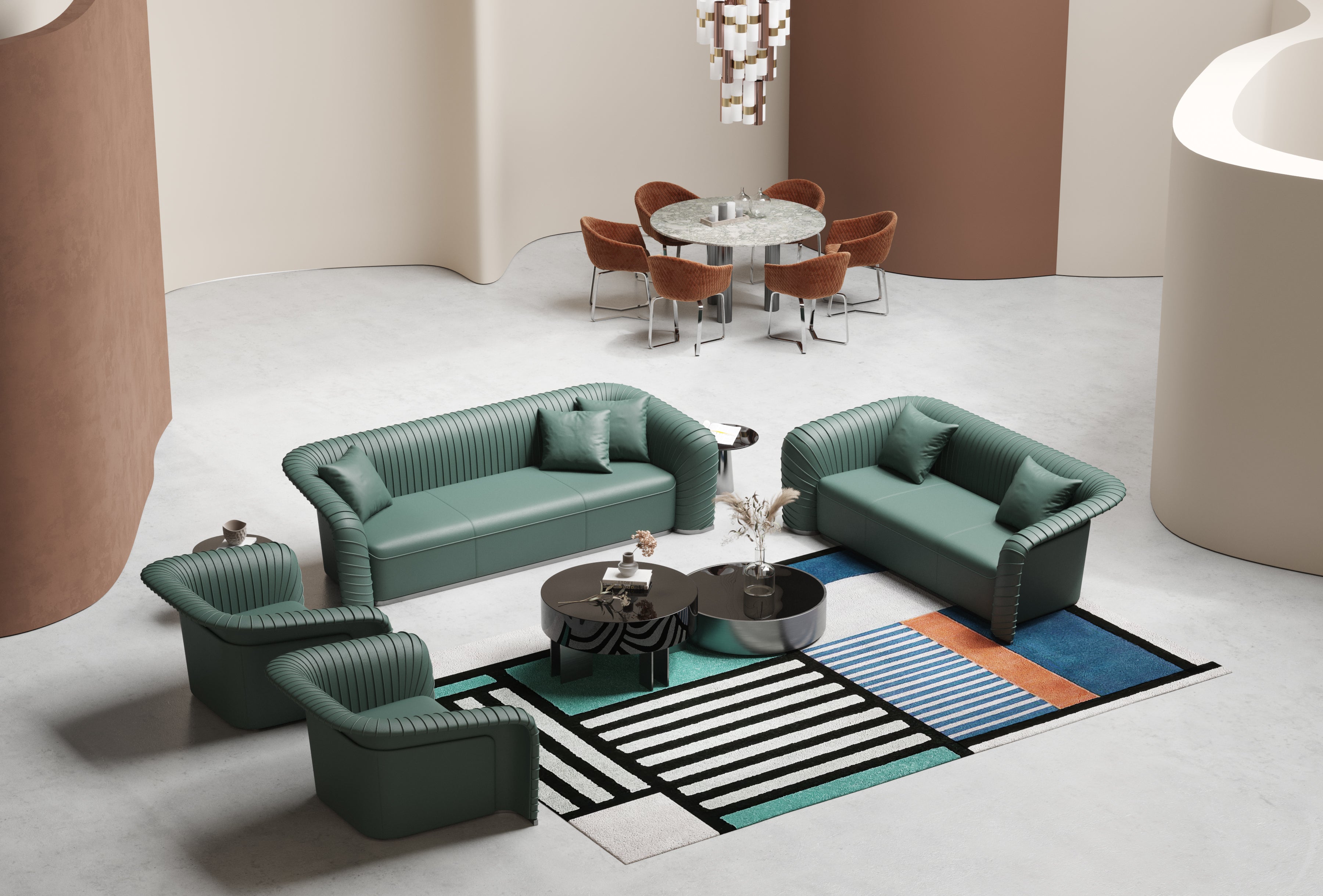 Black Steel and Half-Leather Four-Piece Living Room Set