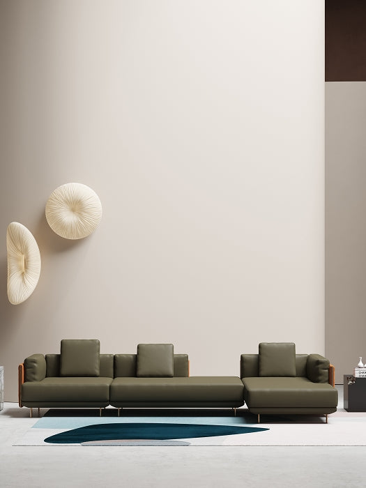 Leather Sofa Set with Lounger and Polished Gold Accents