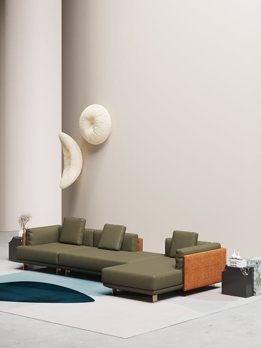 Leather Sofa Set with Lounger and Polished Gold Accents
