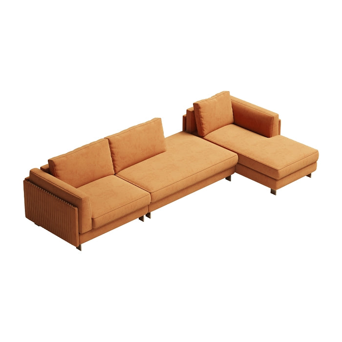 Brushed Gold Velvet One- and Three-Seater Sofa Set with Lounger