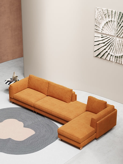 Brushed Gold Velvet One- and Three-Seater Sofa Set with Lounger