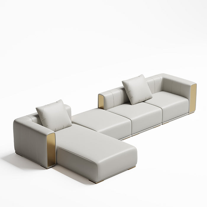 Champagne Gold Fabric Three-Seater Sofa Set with Lounger and Ottoman