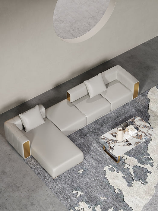 Champagne Gold Fabric Three-Seater Sofa Set with Lounger and Ottoman