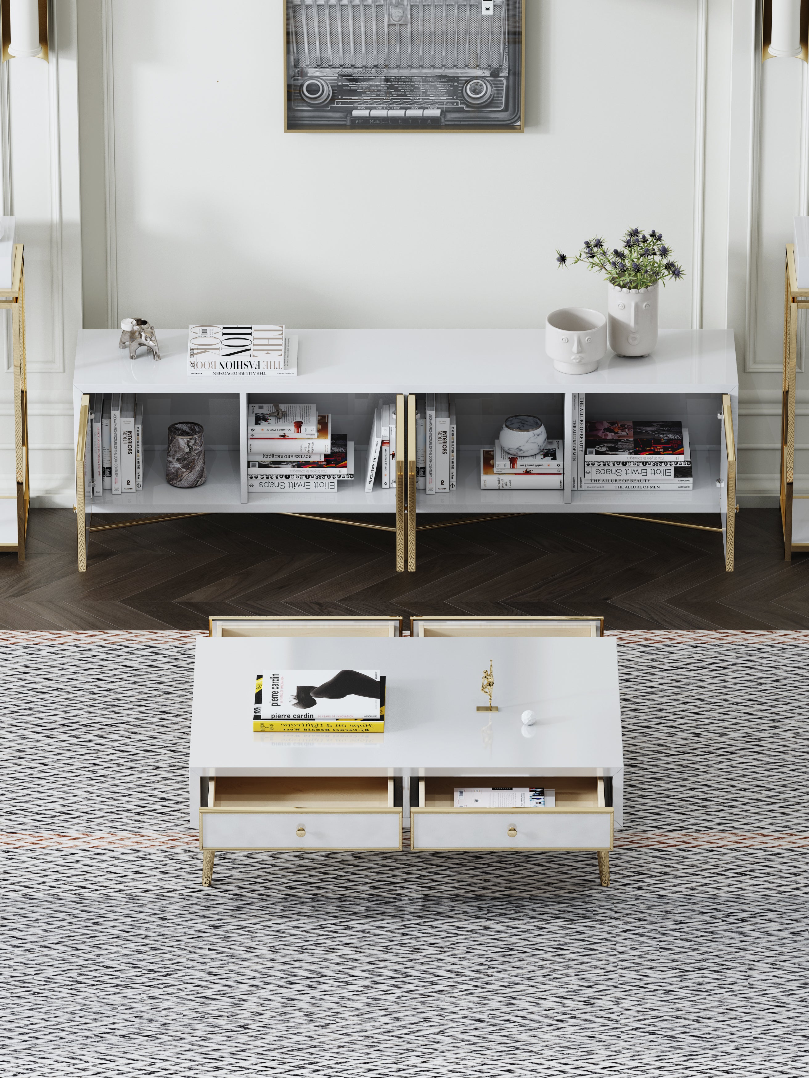 High-Gloss Coffee Table with Stainless Steel Accents