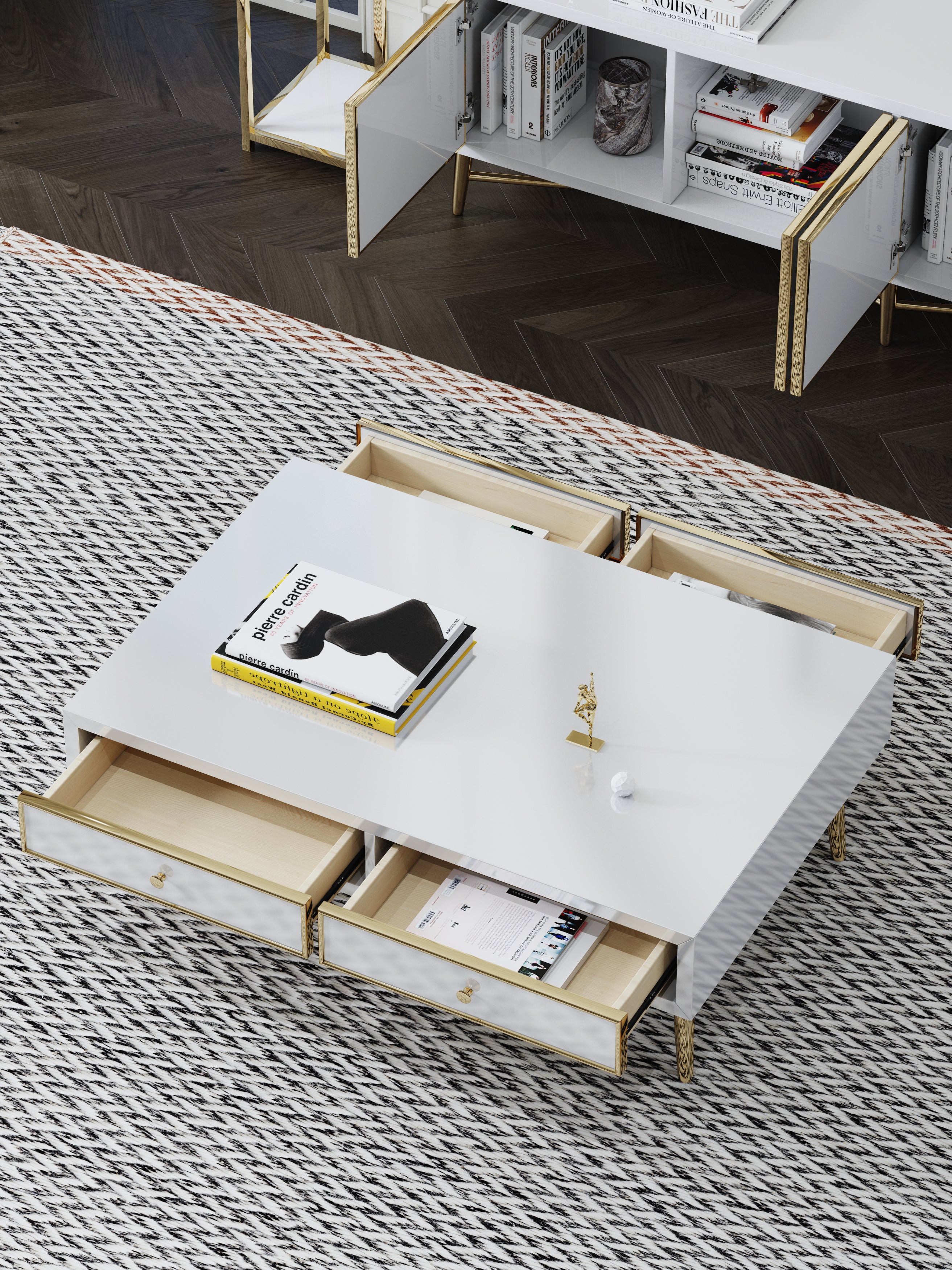 High-Gloss Coffee Table with Stainless Steel Accents