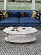 Wide Marble Coffee Table with Plated Steel Details
