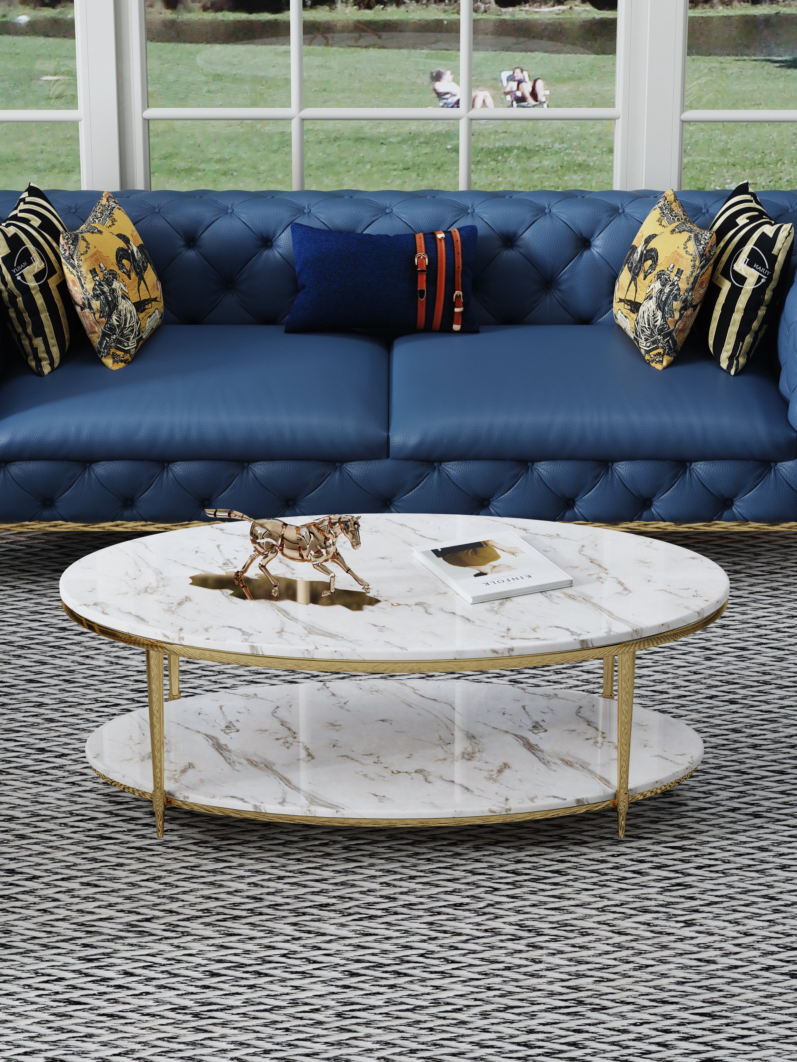 Wide Marble Coffee Table with Plated Steel Details
