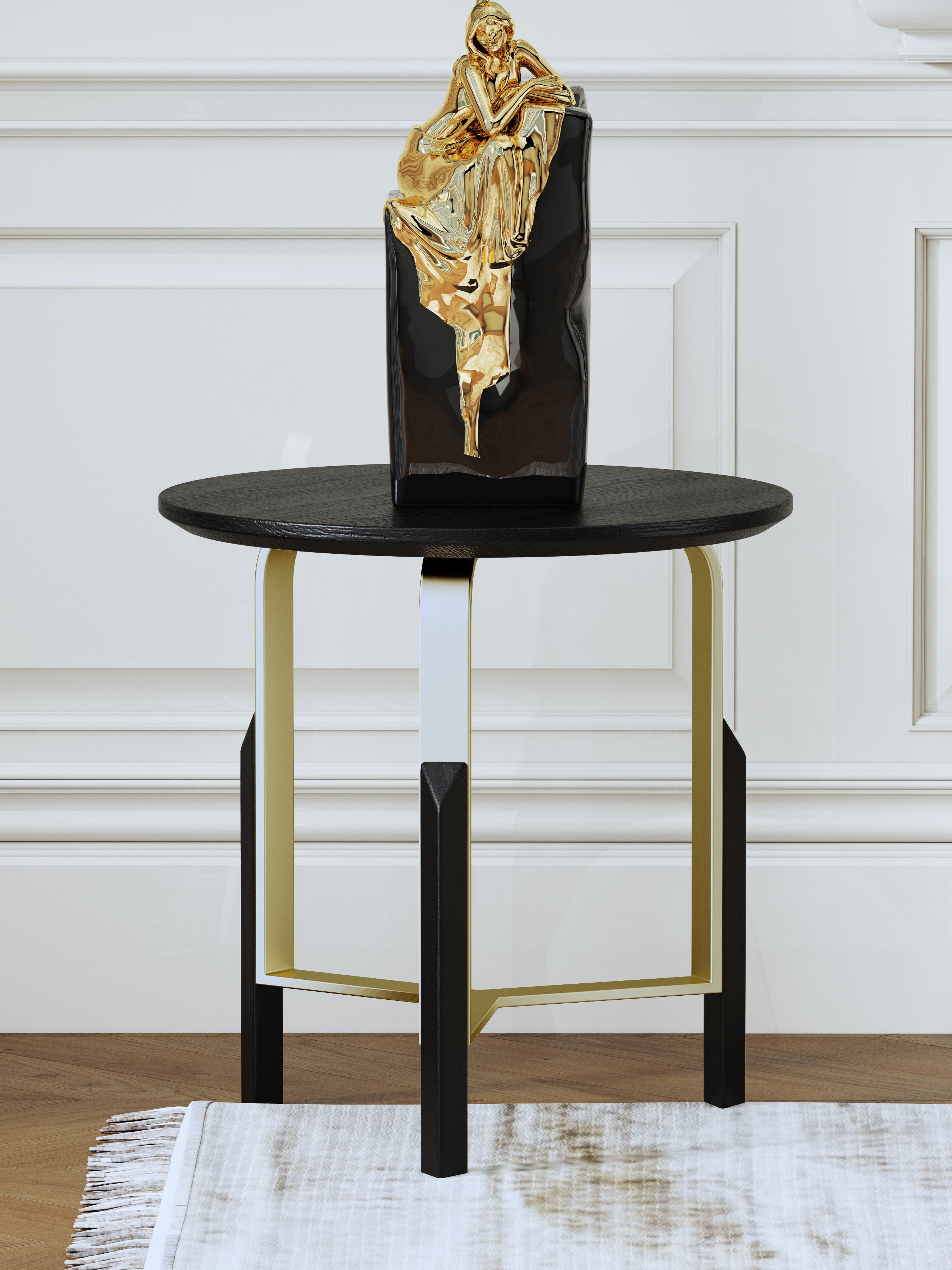 Black Veneer End Table with Brushed Gold Stainless Steel Base