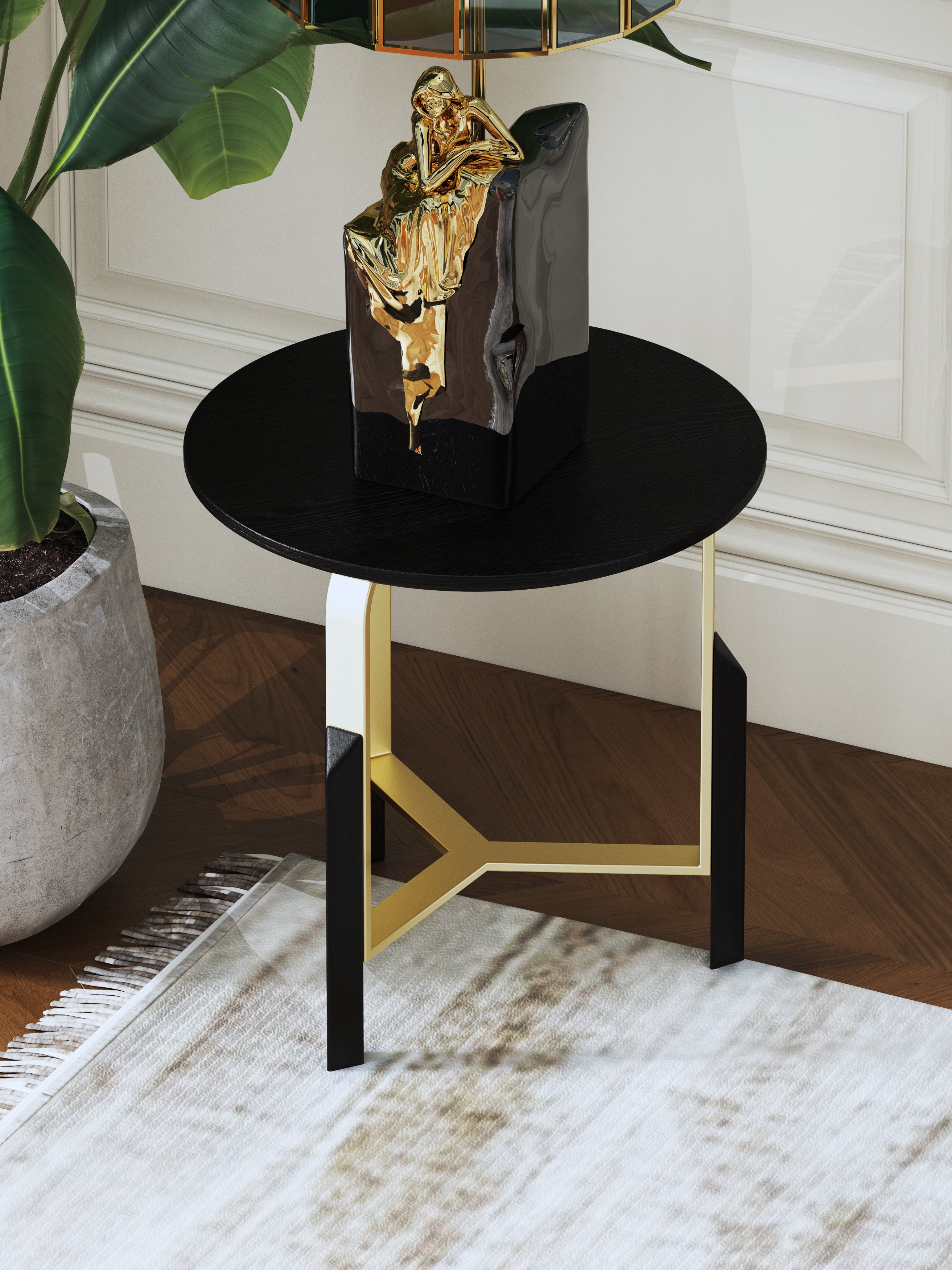 Black Veneer End Table with Brushed Gold Stainless Steel Base