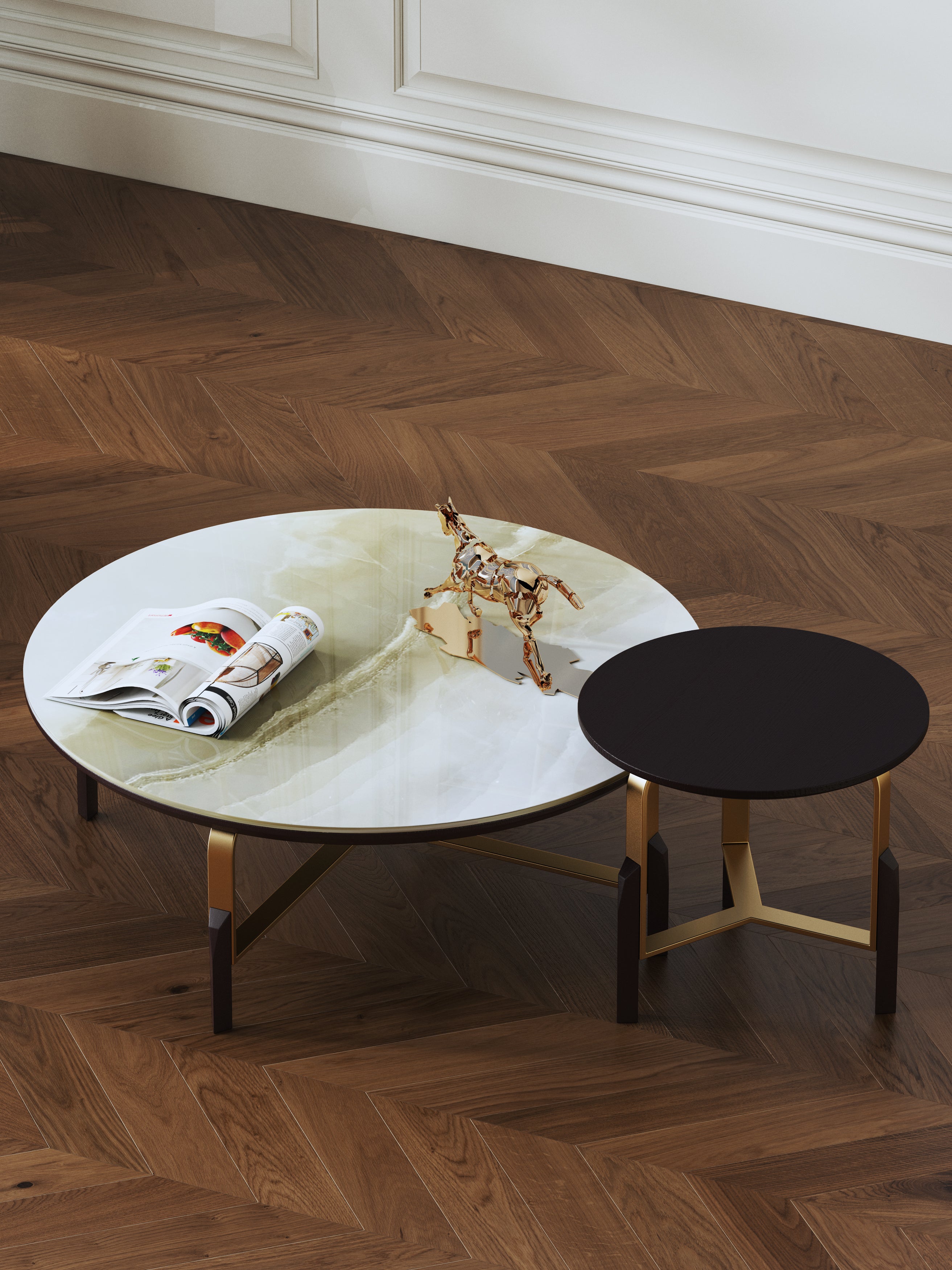 Brushed-Gold Ceramic Coffee Table with Wood Feet