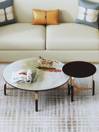 Brushed-Gold Ceramic Coffee Table with Wood Feet