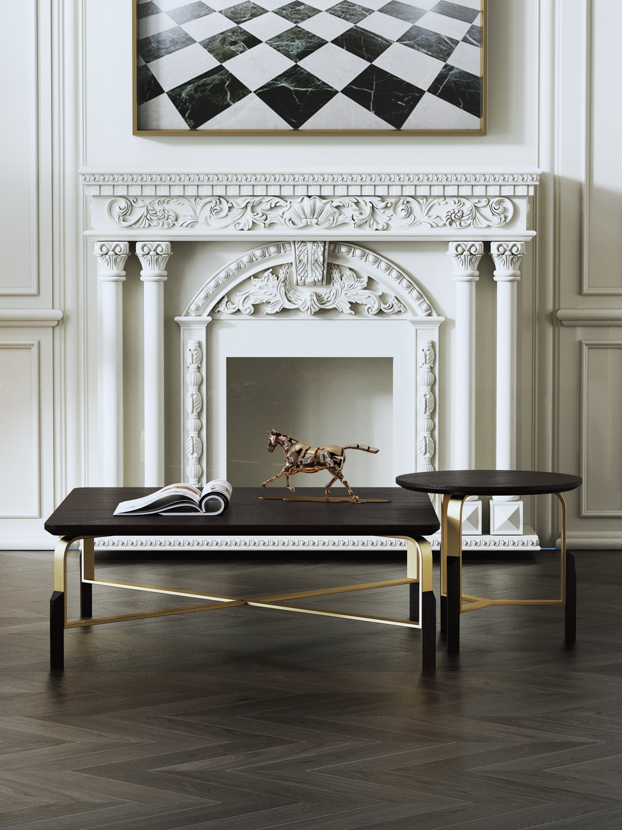 Black Veneer Coffee Table with Brushed-Gold Steel and Wood Feet