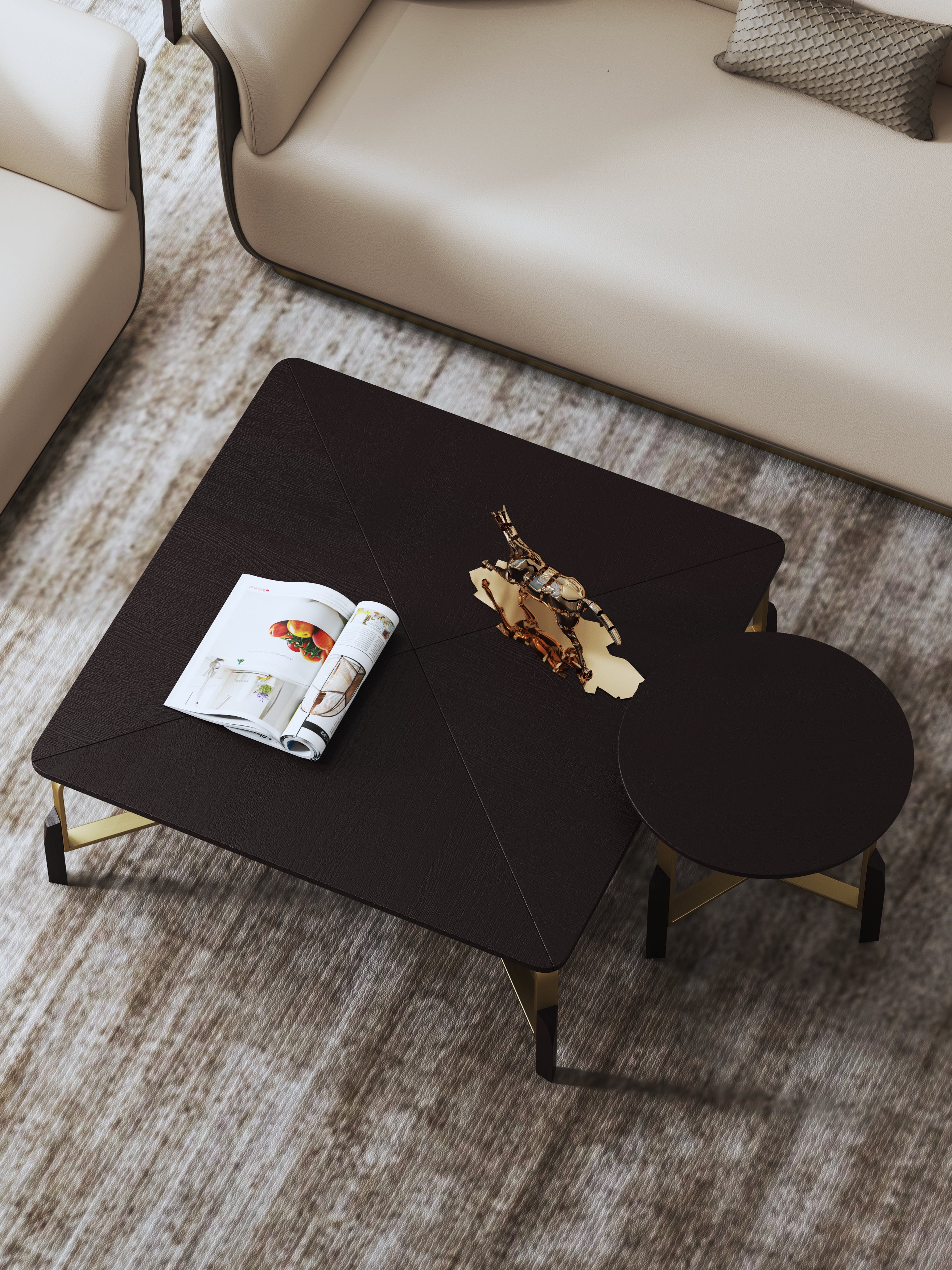 Black Veneer Coffee Table with Brushed-Gold Steel and Wood Feet