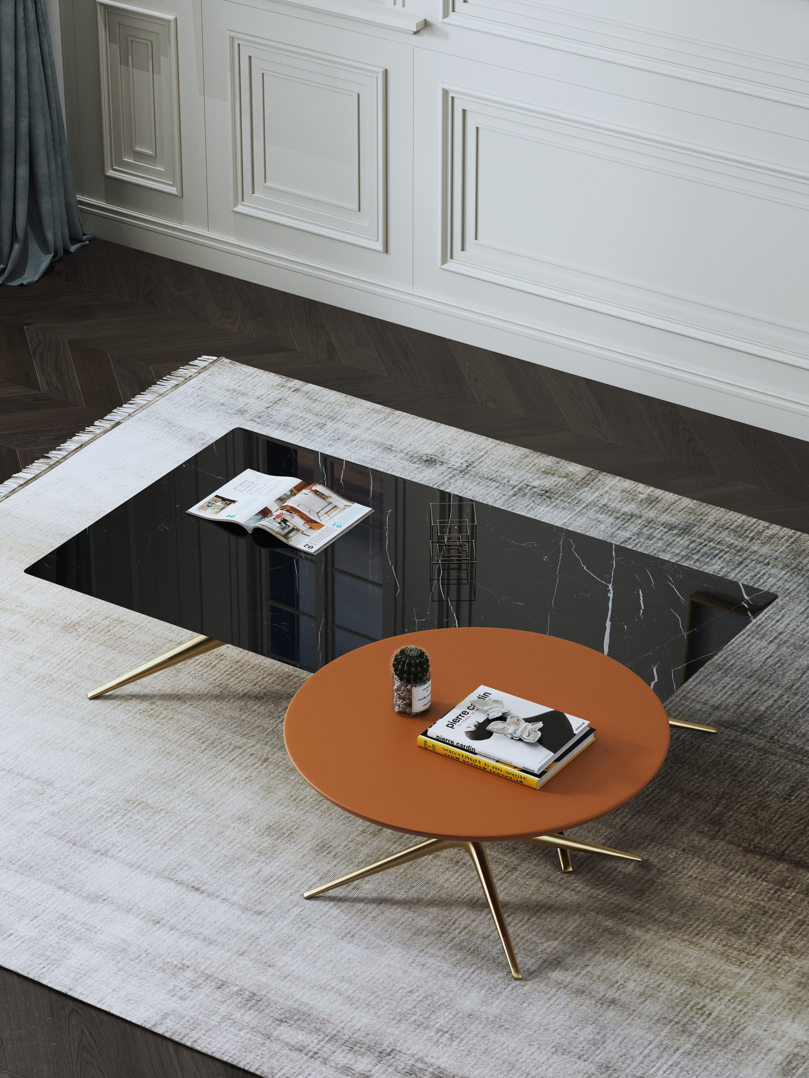 Wide Marble and Stainless Steel Coffee Table
