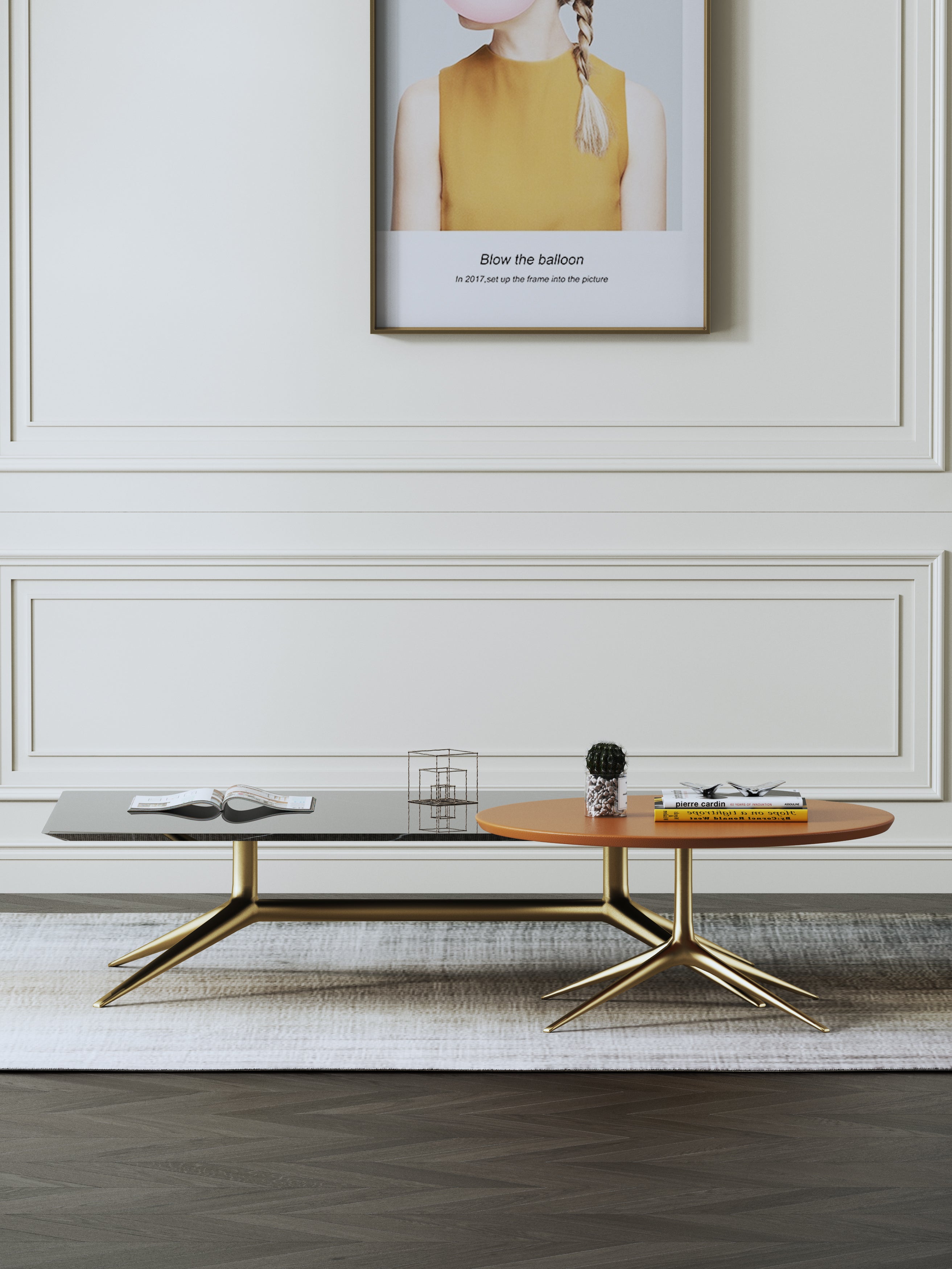 Wide Marble and Stainless Steel Coffee Table