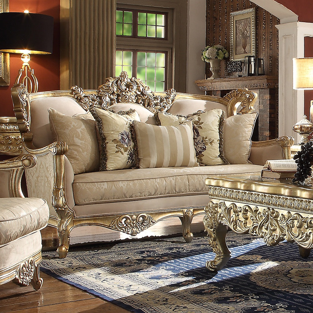 Metallic Bright Gold Fabric and Solid Wood LOVESEAT