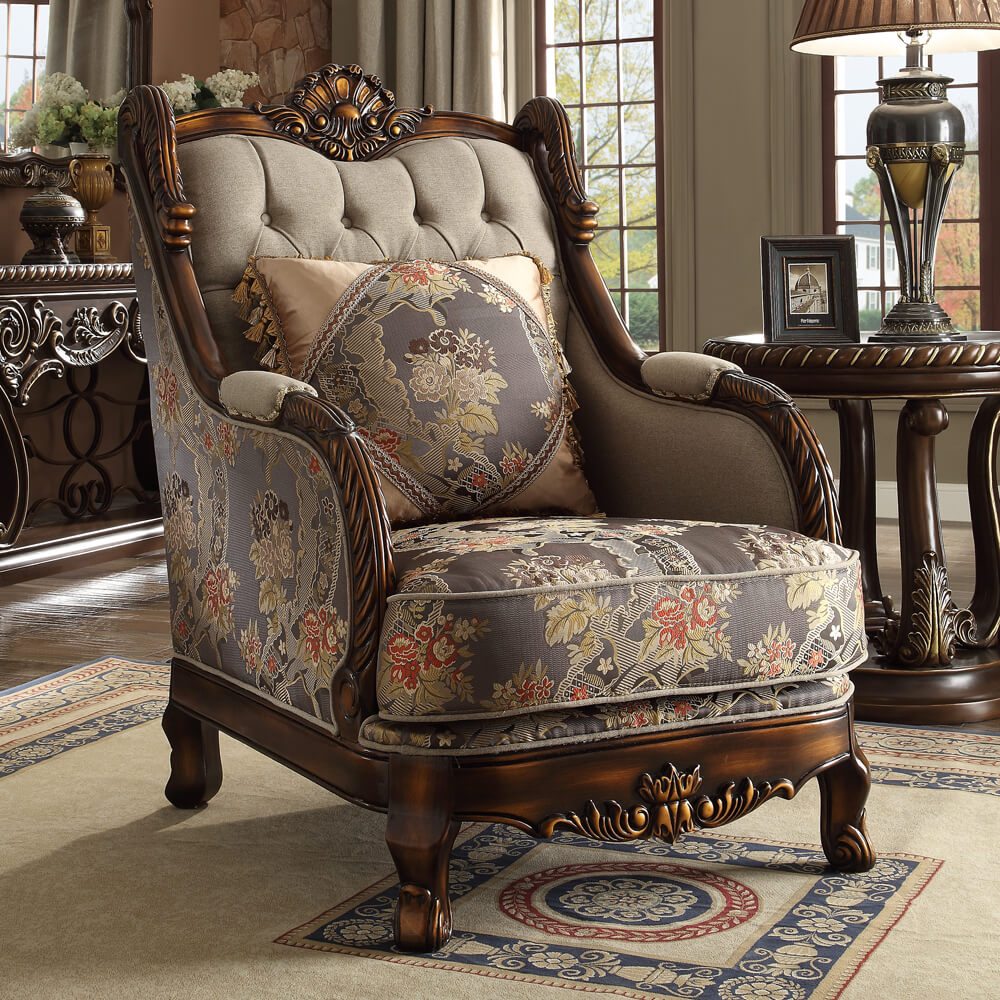 Drk Red Mahogany and Met Ant Gld Fabric Tall-Profile Arm Chair