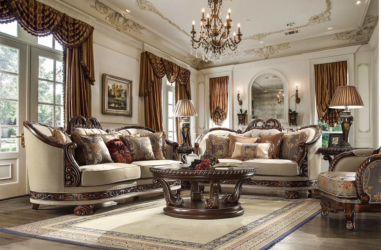 Dark Red Mahogany and Antique Gold Fabric Sofa
