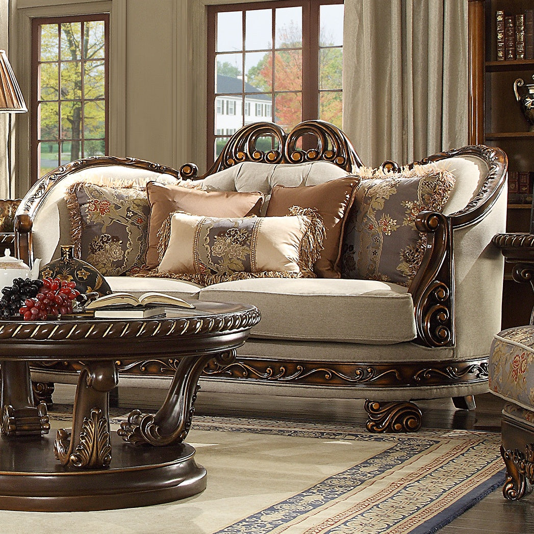 Dark Red Mahogany and Antique Gold Fabric Loveseat