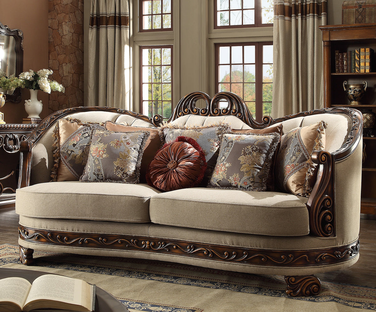 Dark Red Mahogany and Antique Gold Fabric Sofa