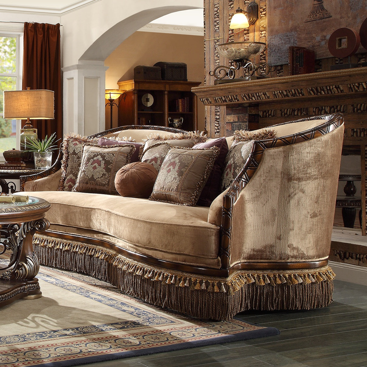 Drk Red Mahogany and Fabric and Solid Wood SOFA