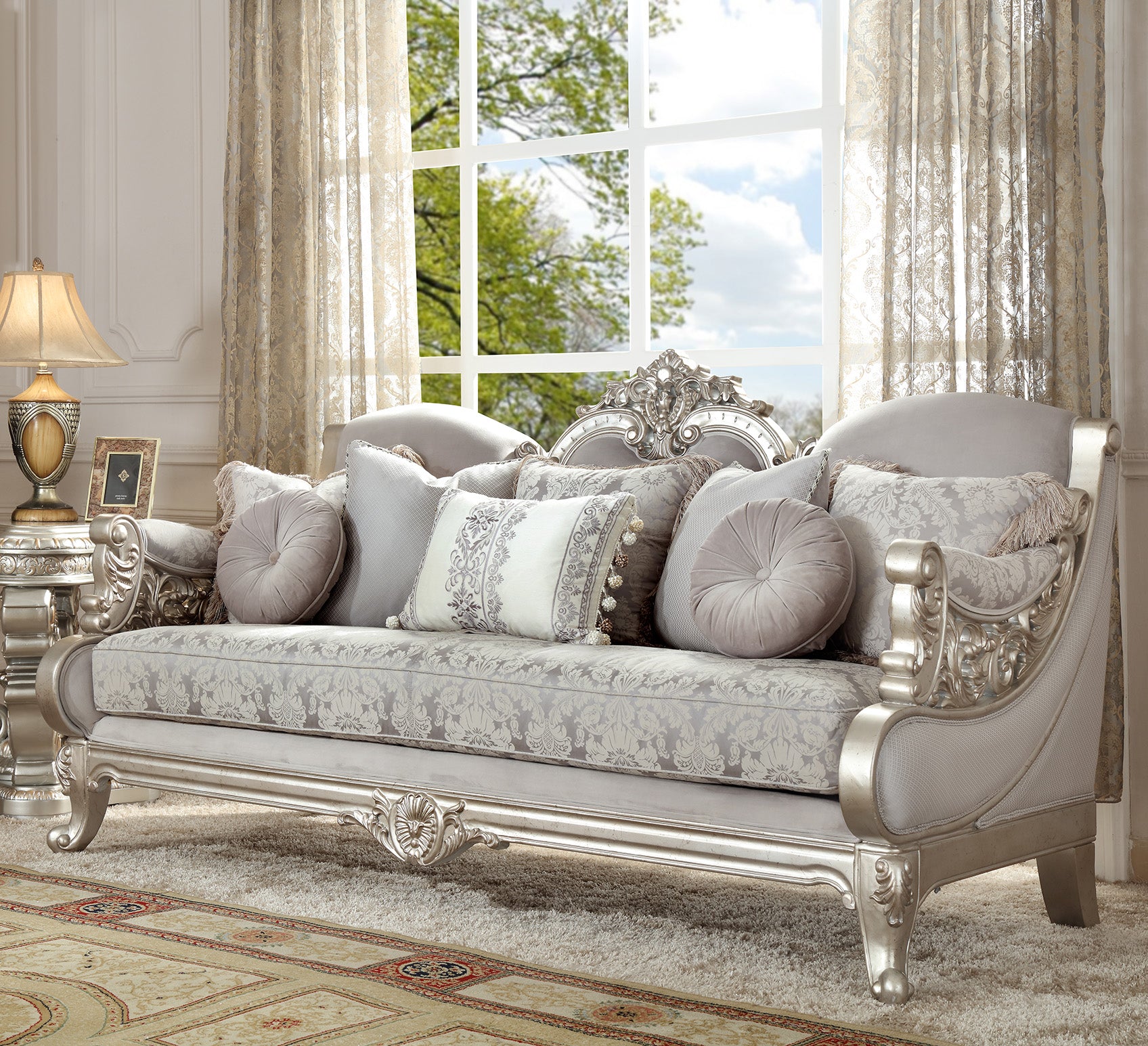 Metallic Silver Fabric and Solid Wood SOFA