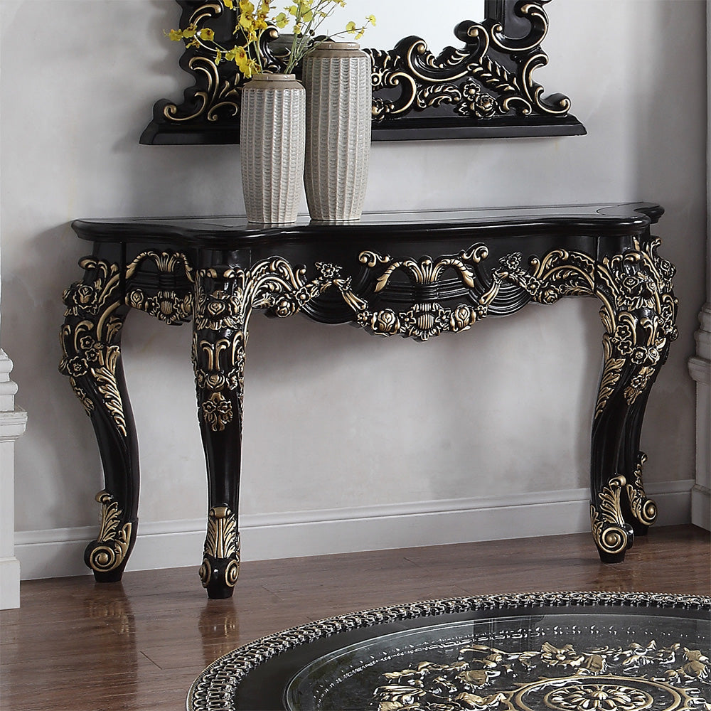 Ebony Black Console Table with Antique Gold Accents