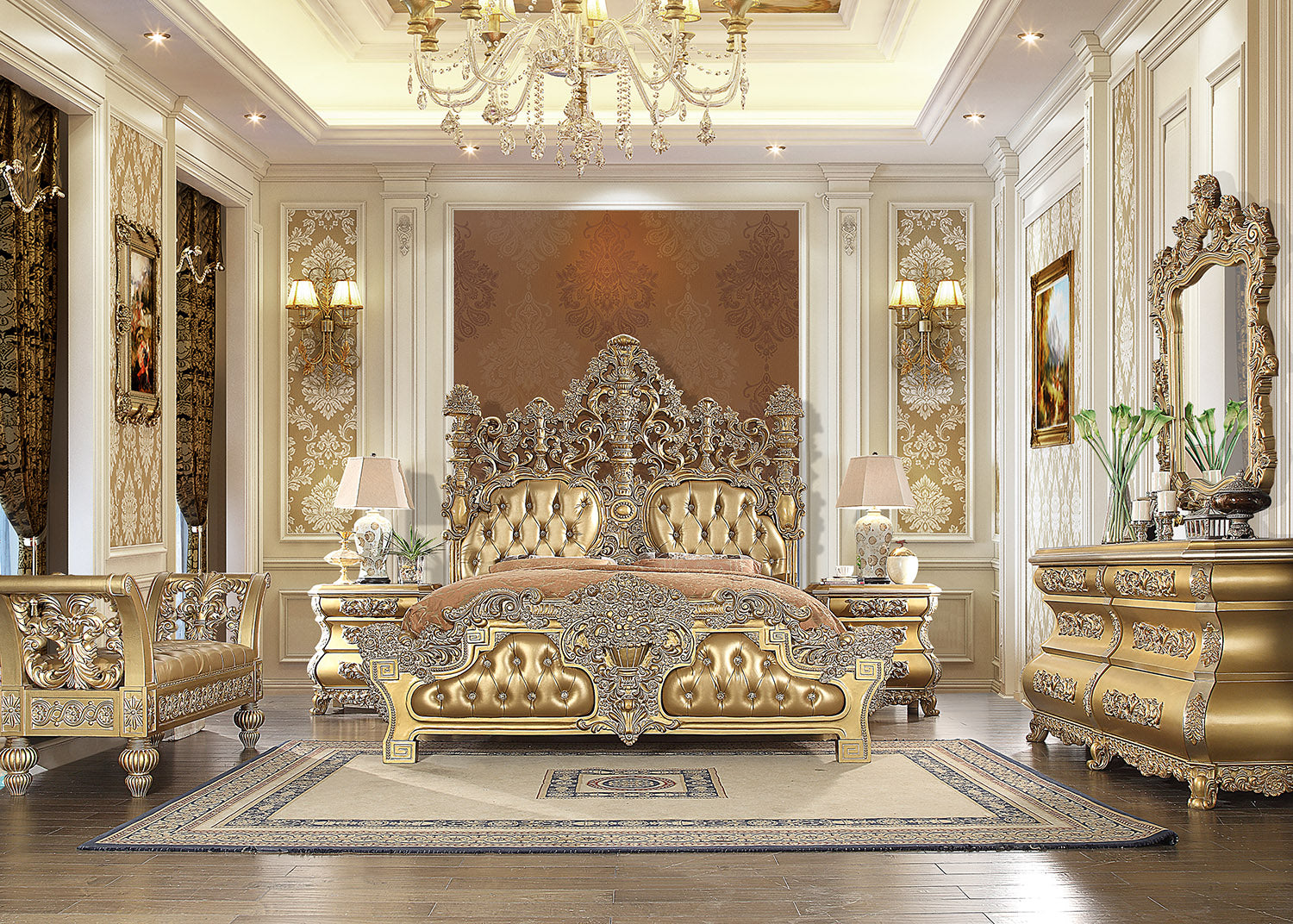 Eastern King Five-Piece Leather Bedroom Set with Metallic Gold Finish